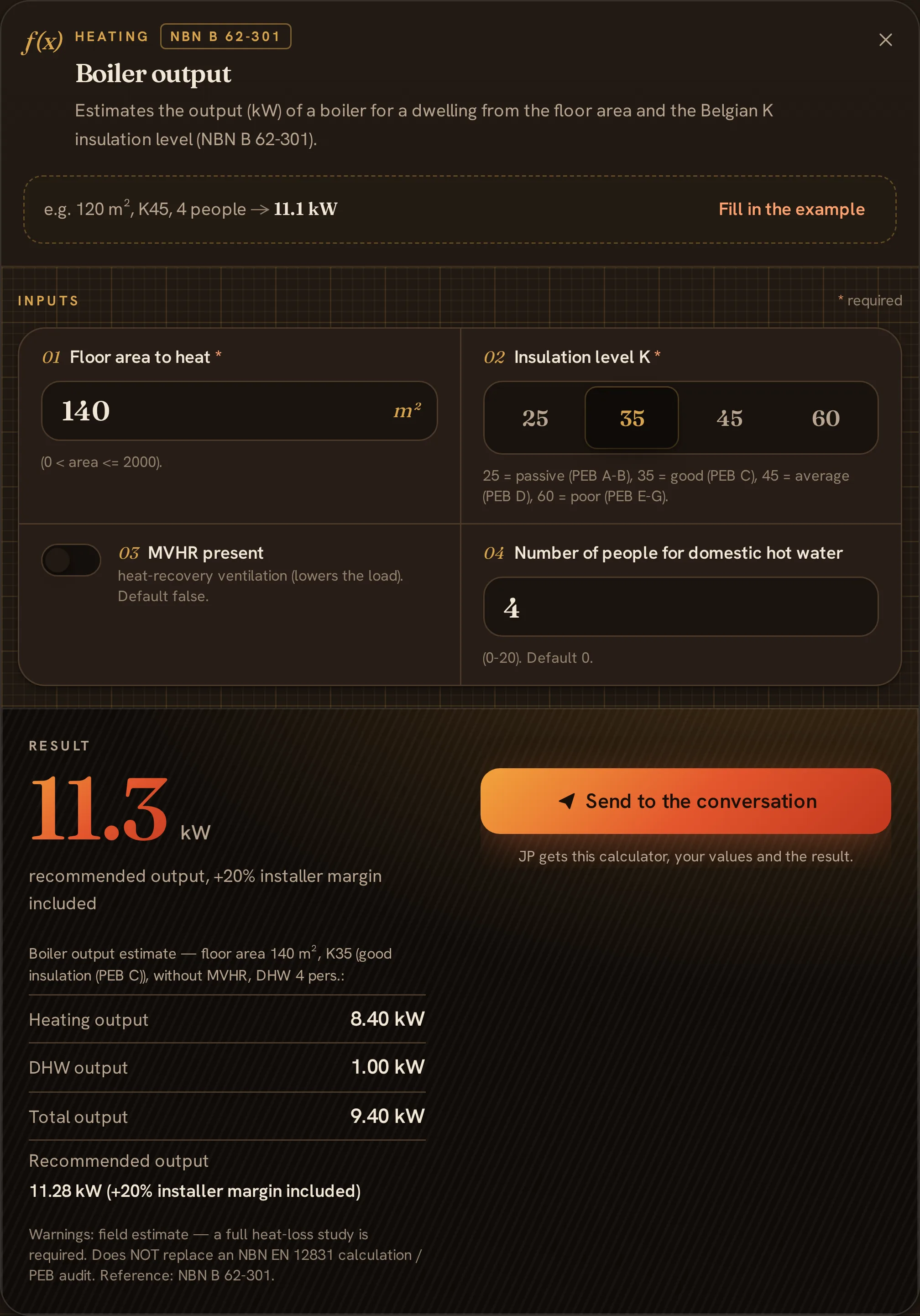The boiler output calculator, filled in, with its result