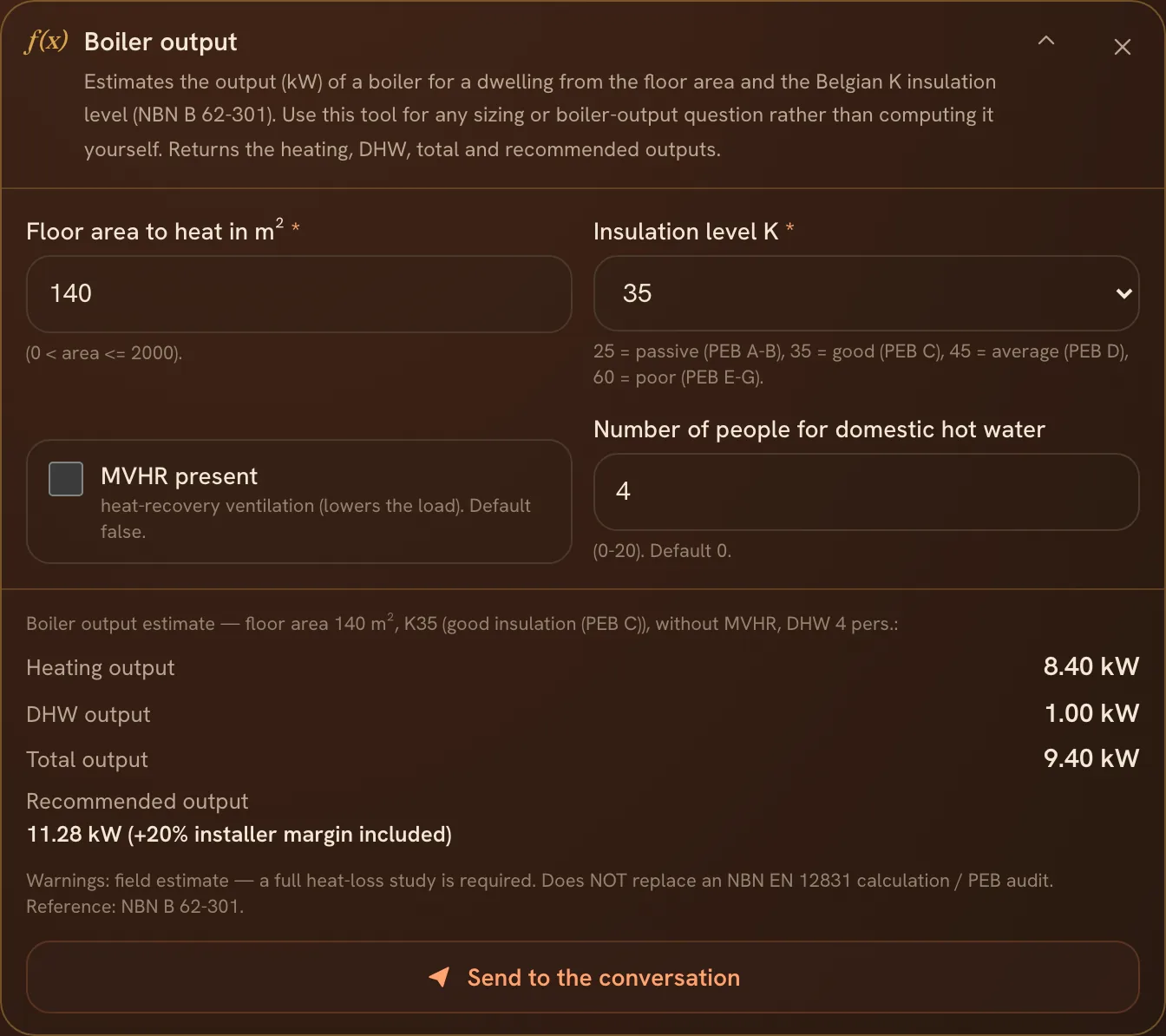 The boiler output calculator, filled in, with its result