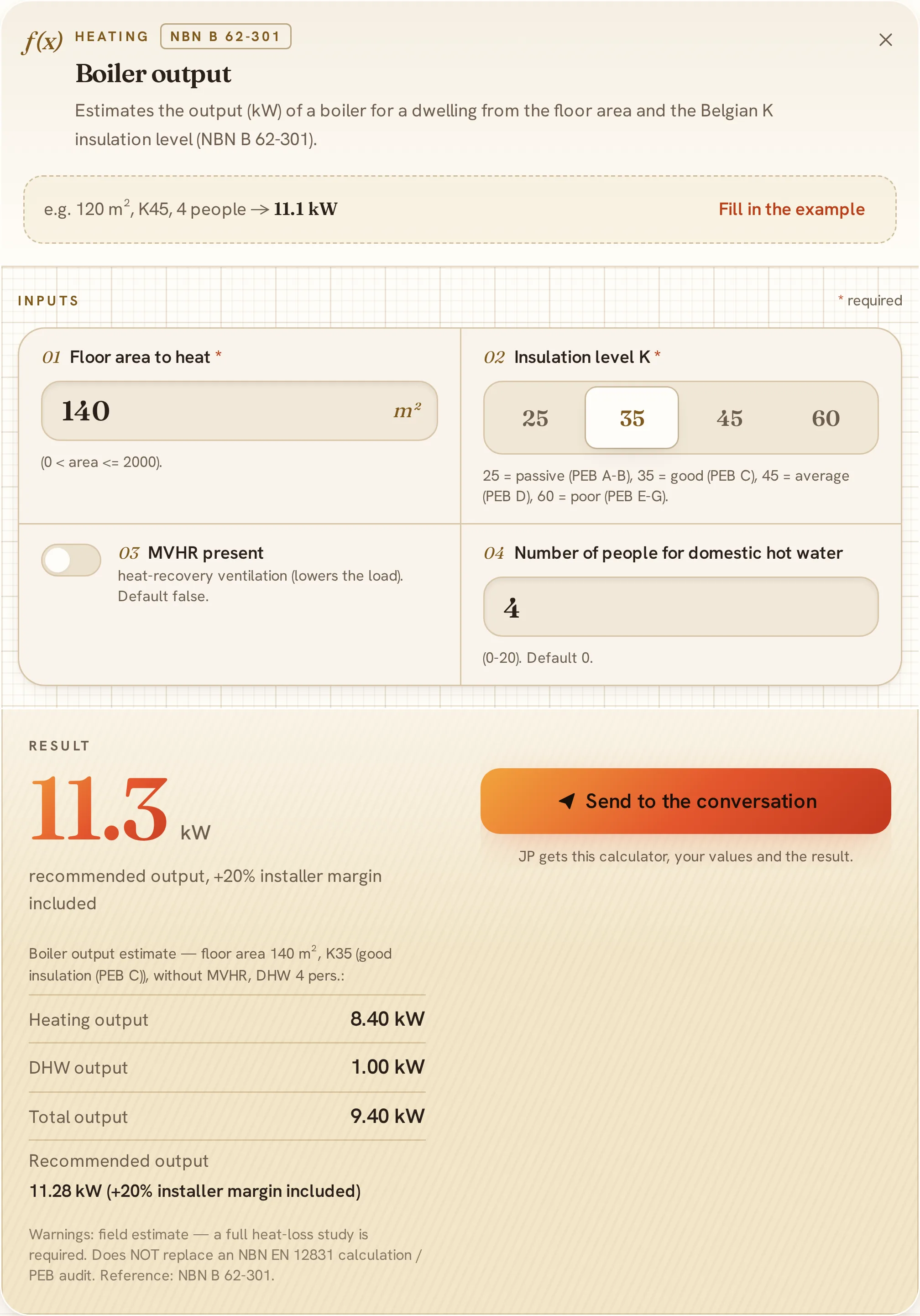 The boiler output calculator, filled in, with its result