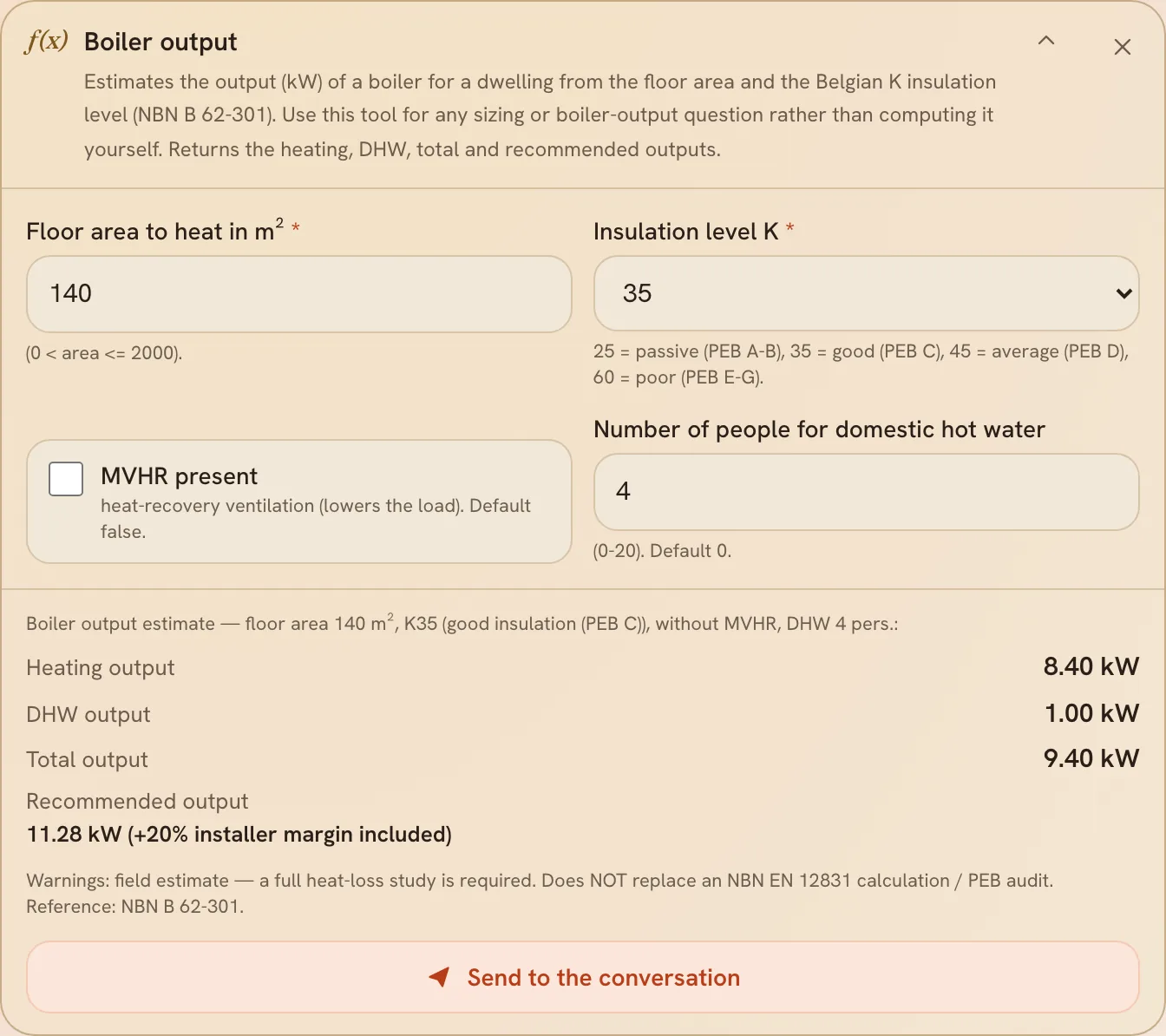 The boiler output calculator, filled in, with its result