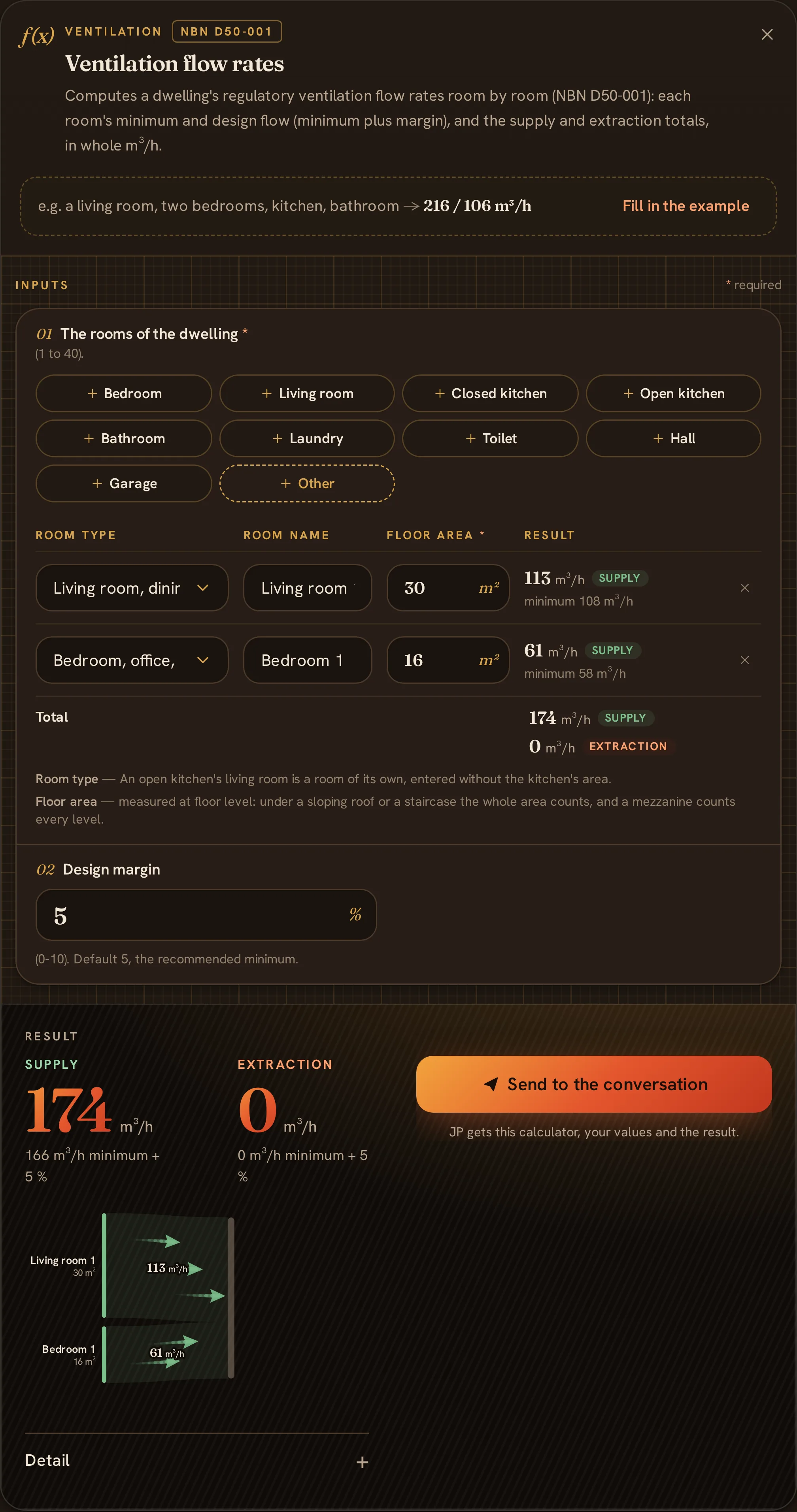 The ventilation flow calculator, room by room