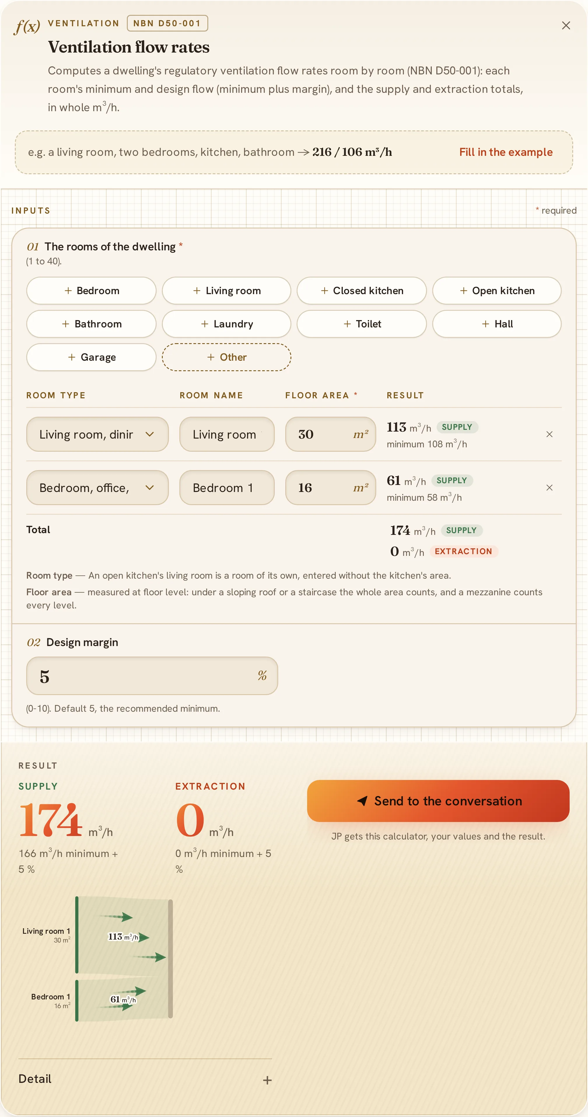 The ventilation flow calculator, room by room