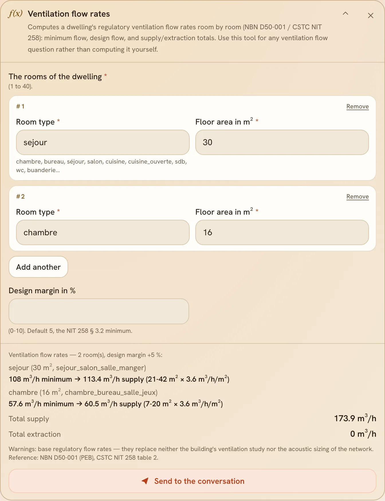 The ventilation flow calculator, room by room