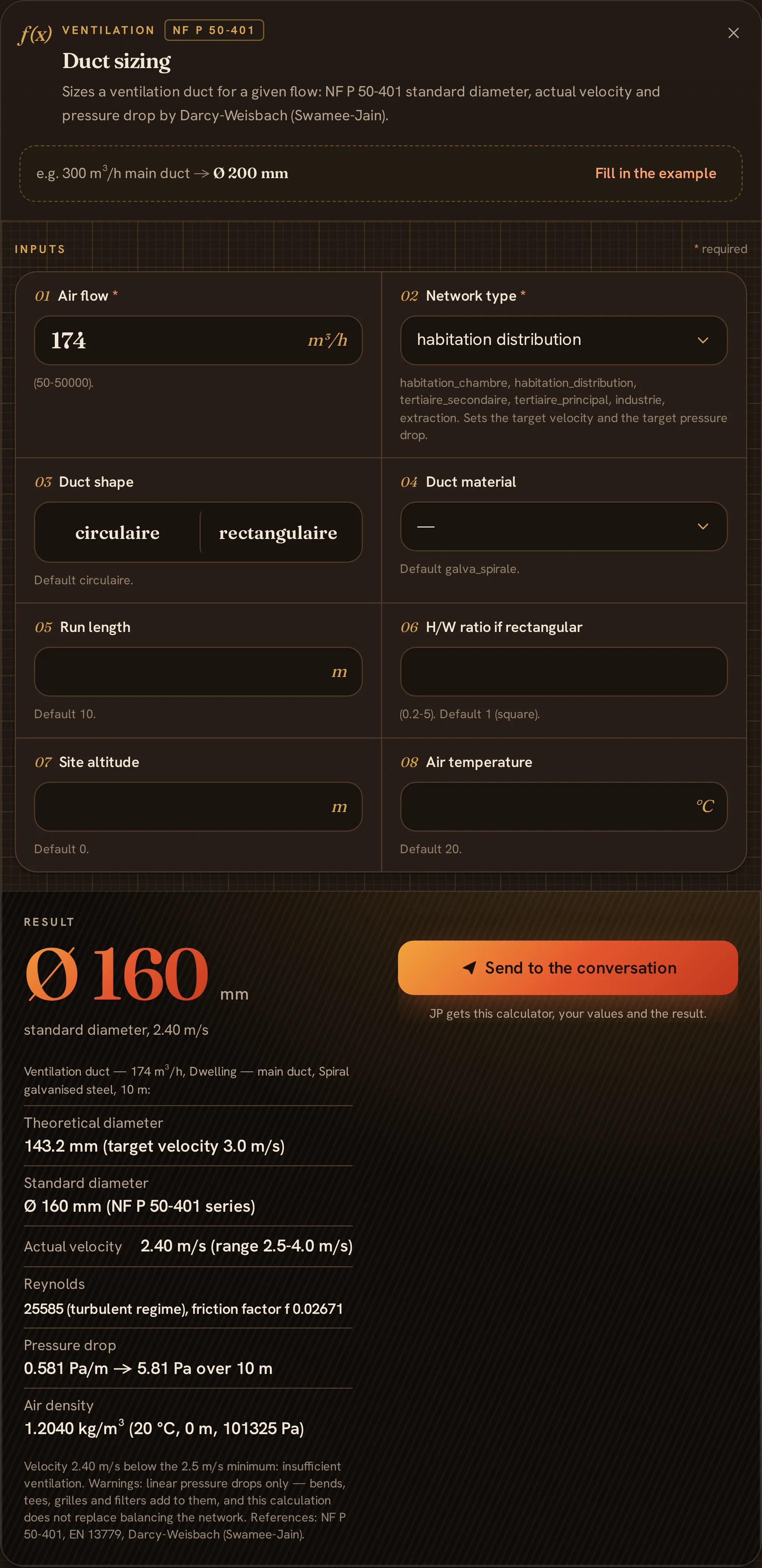 The duct sizing calculator and its standard diameter
