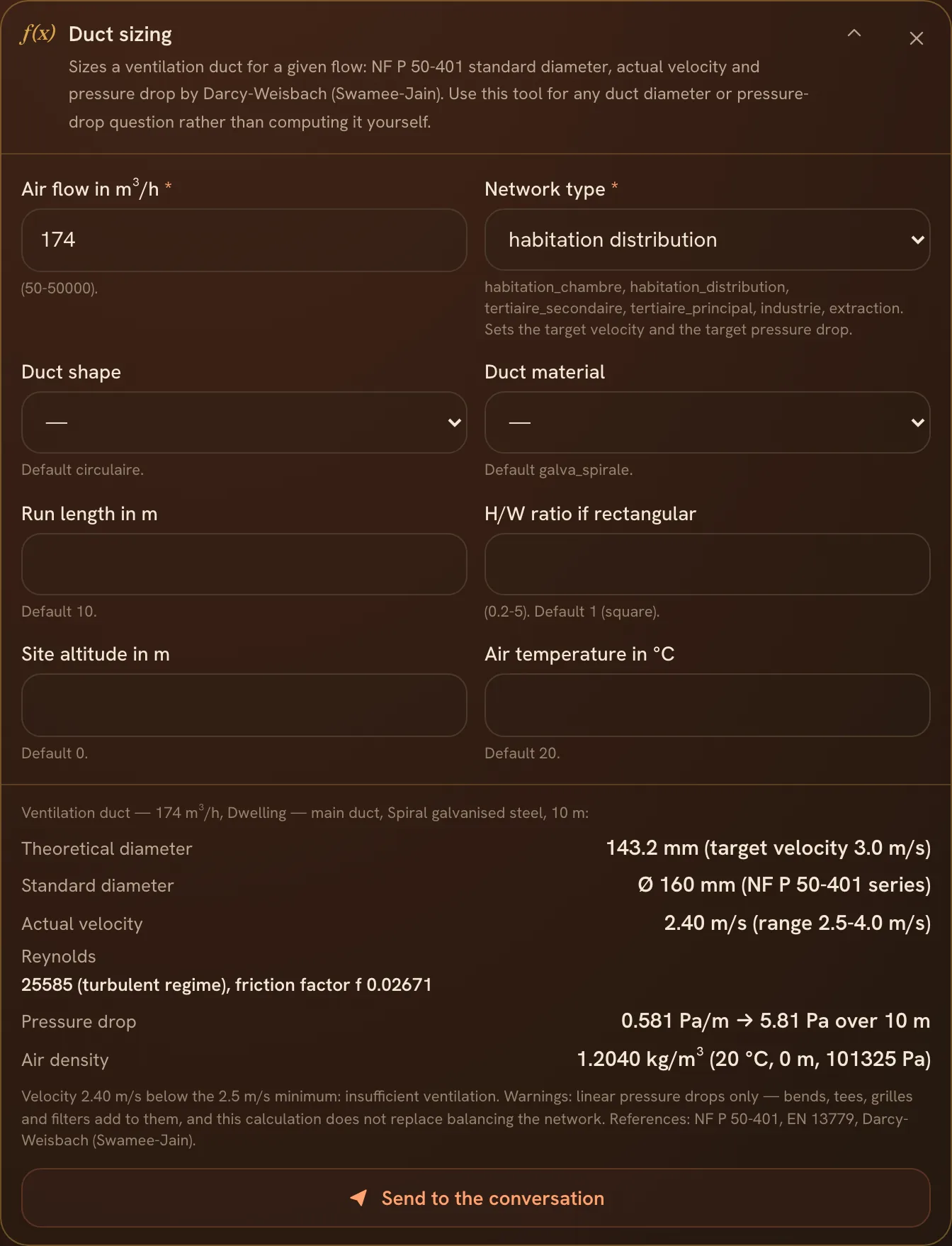The duct sizing calculator and its standard diameter