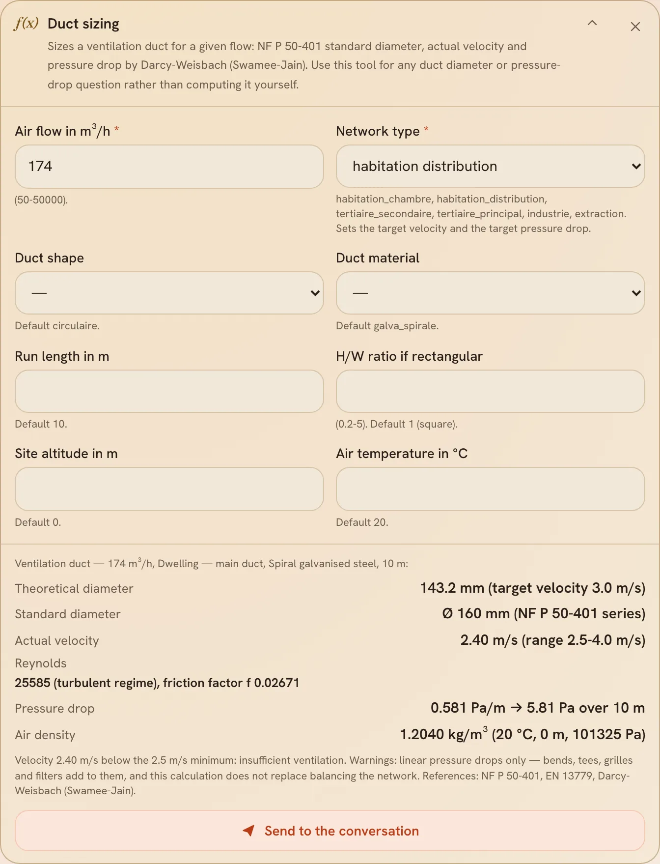 The duct sizing calculator and its standard diameter