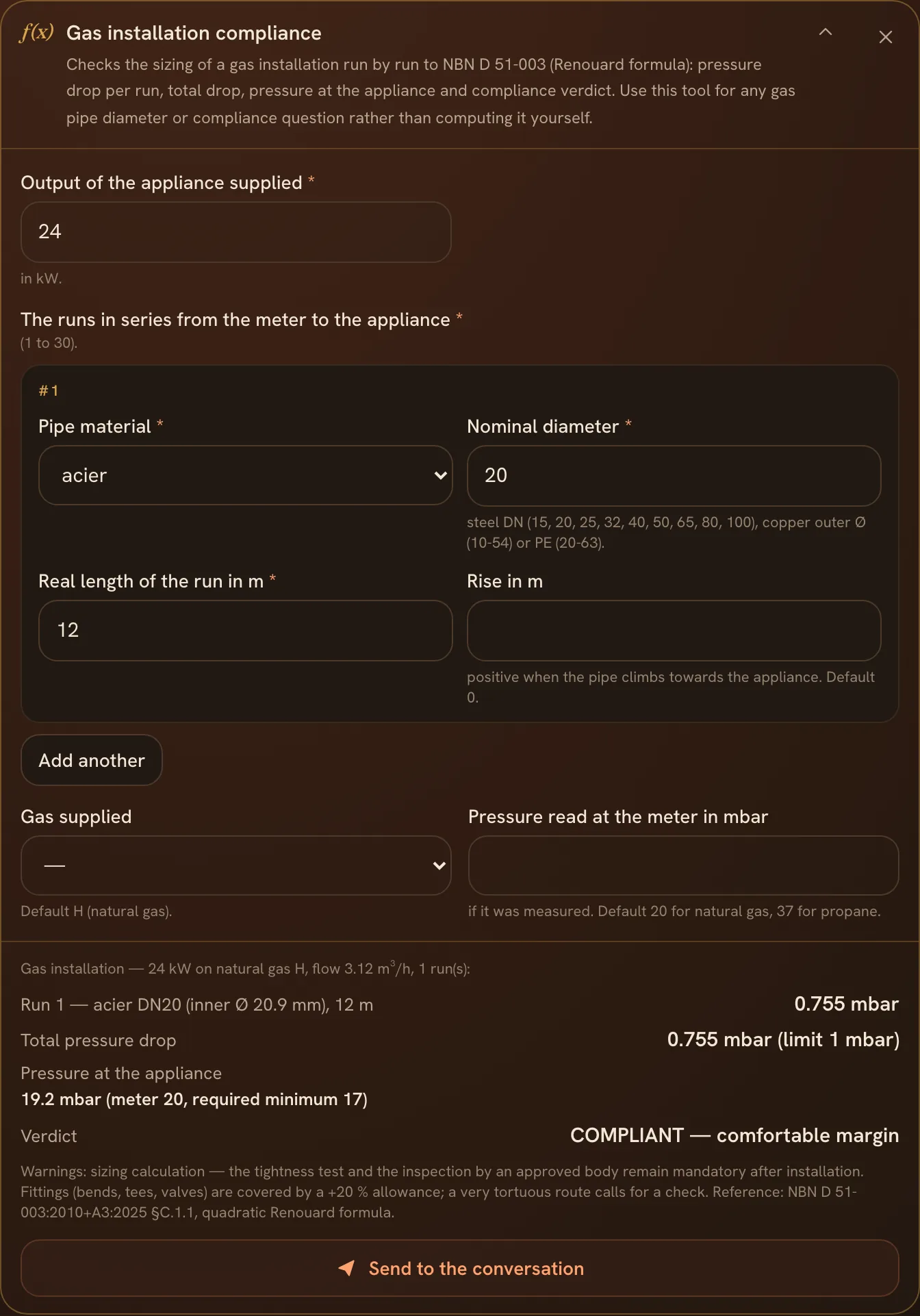 The gas installation compliance calculator and its verdict