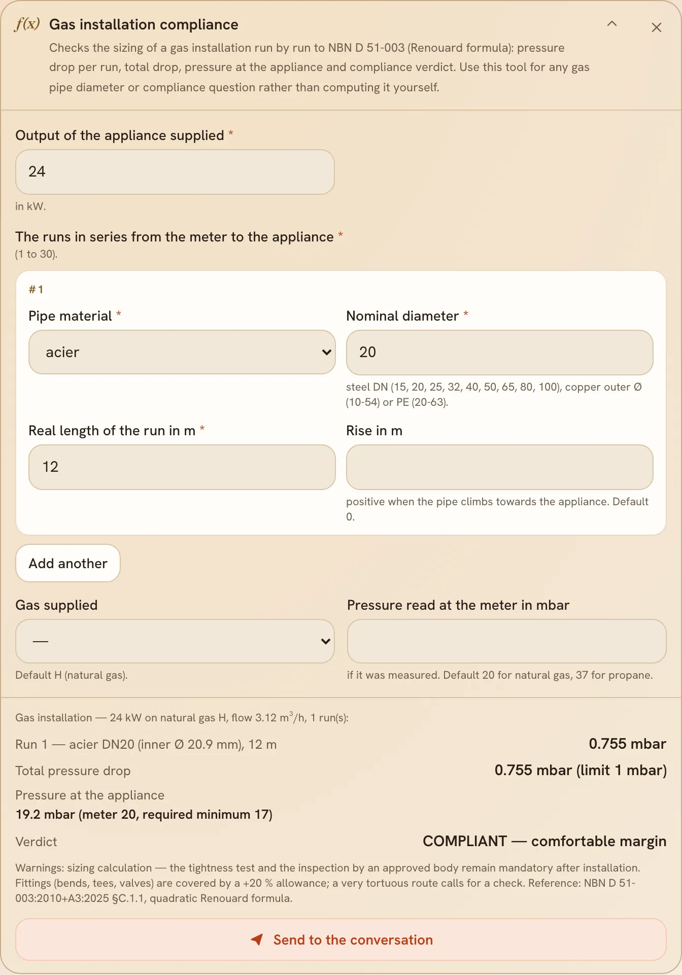 The gas installation compliance calculator and its verdict