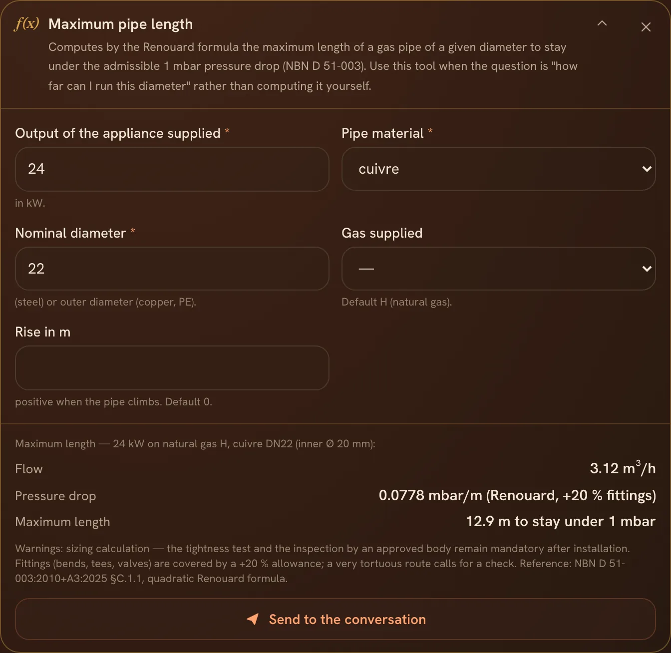 The maximum gas pipe length calculator