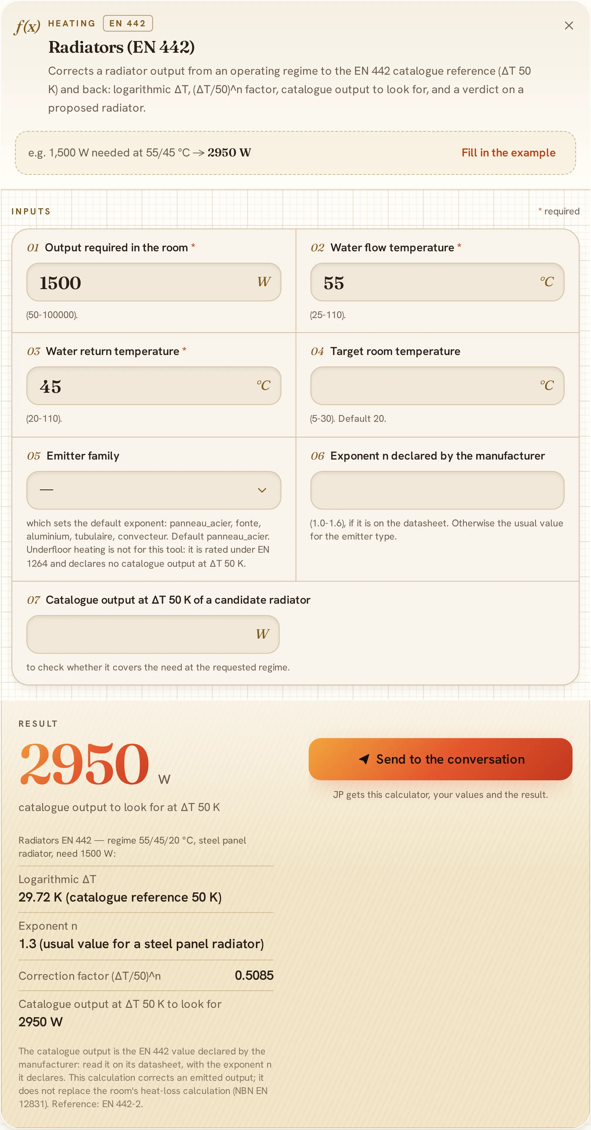 The radiator calculator and the catalogue output to look for