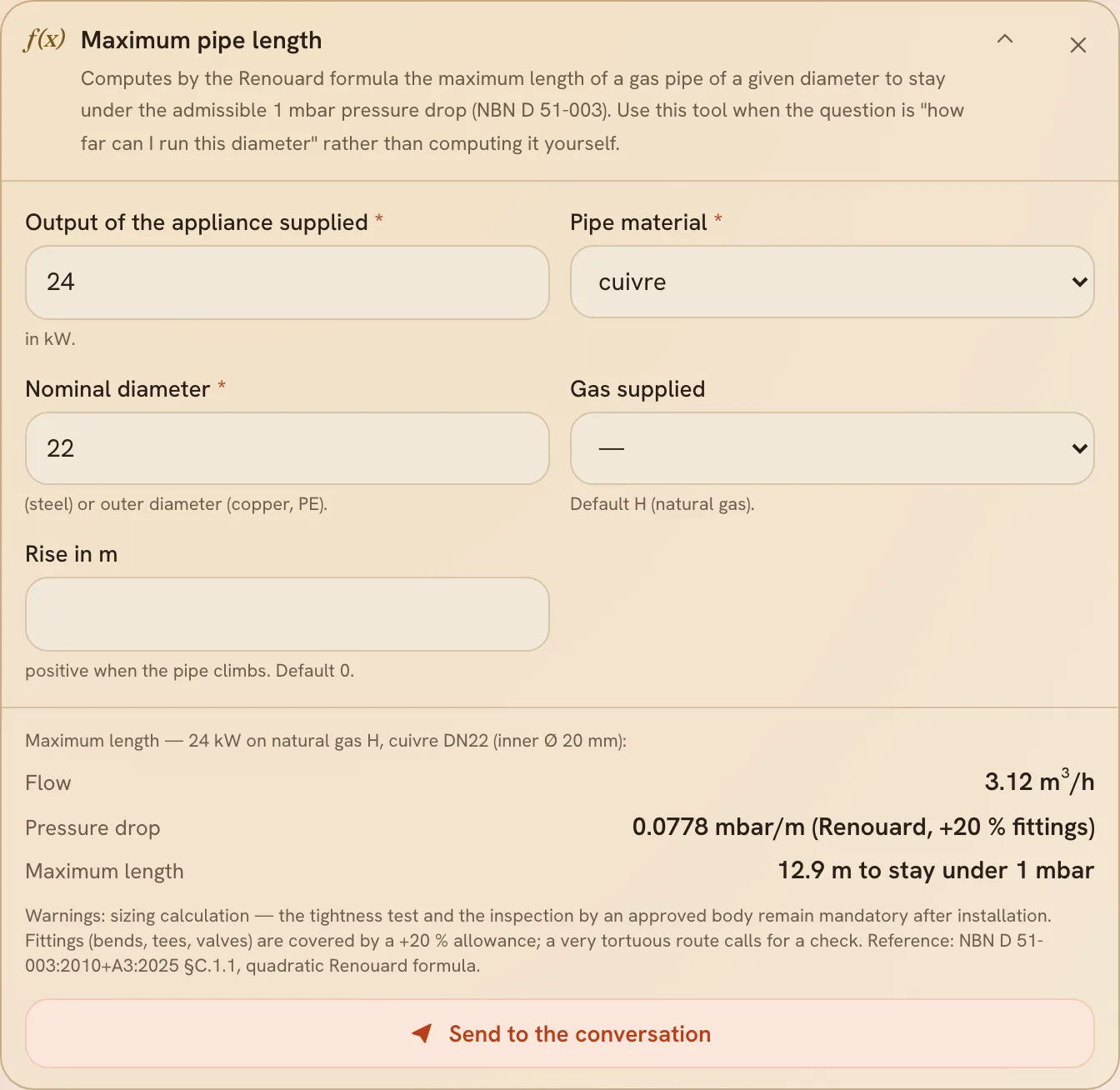 The maximum gas pipe length calculator