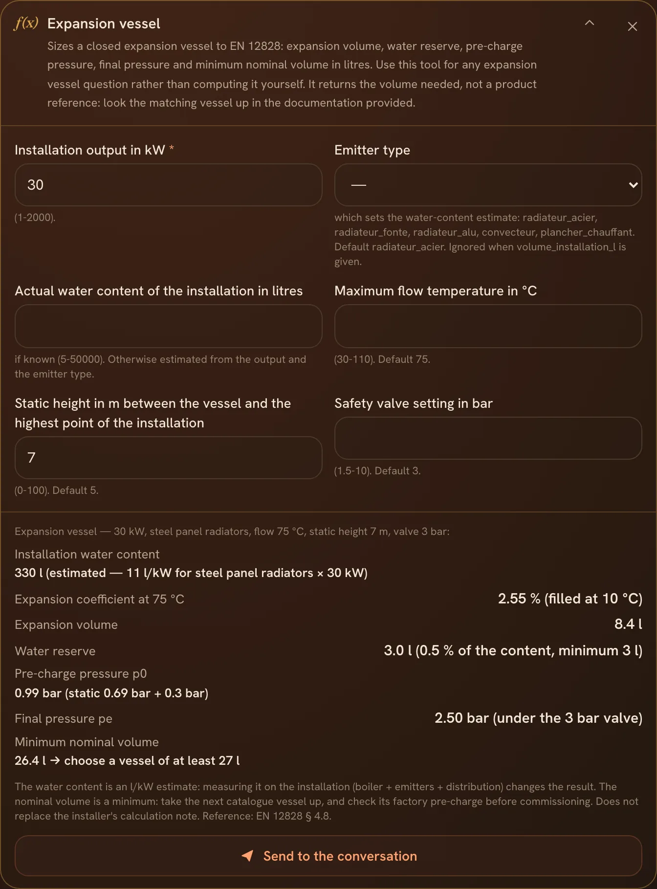 The expansion vessel calculator and its minimum volume