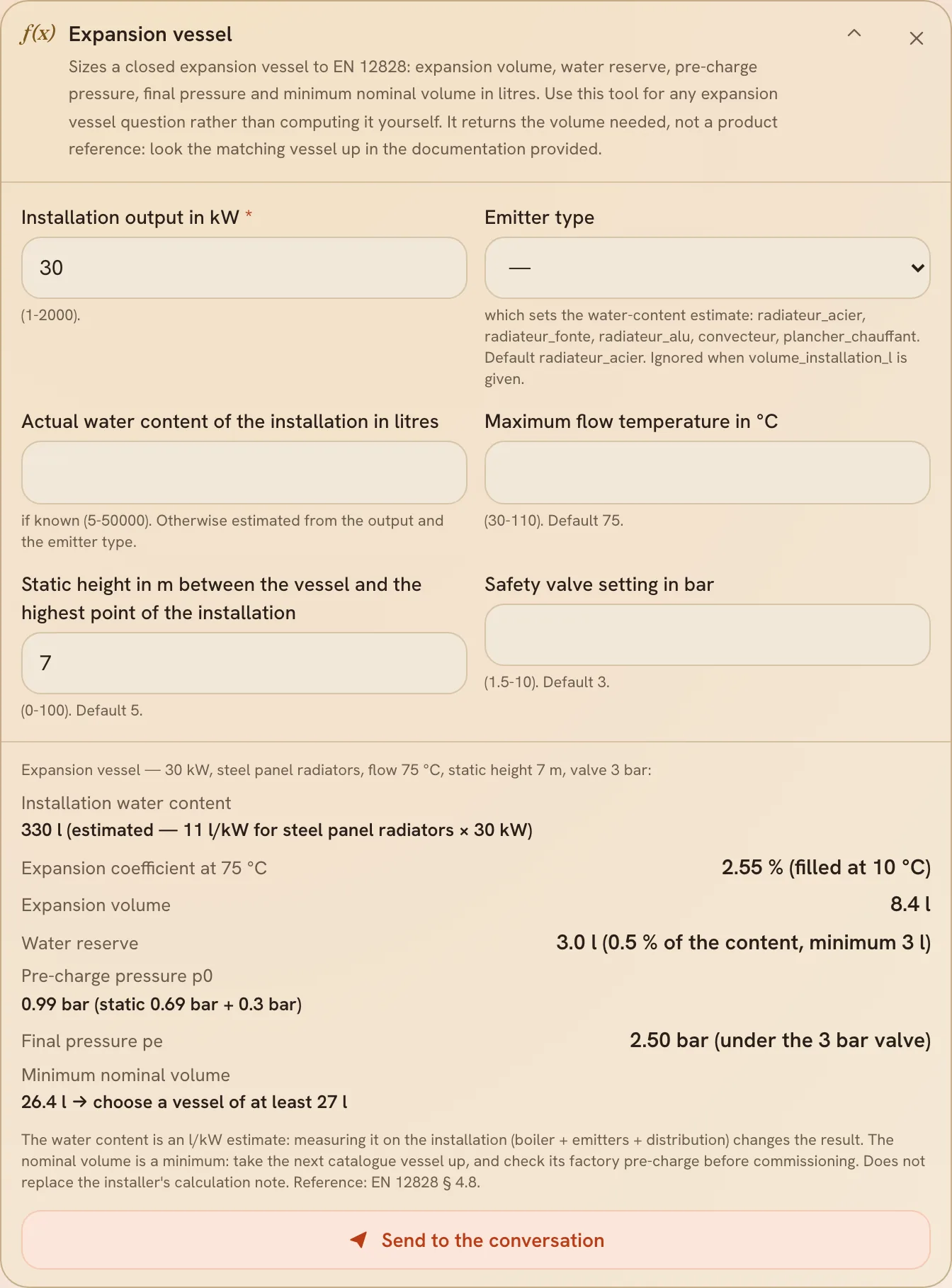 The expansion vessel calculator and its minimum volume