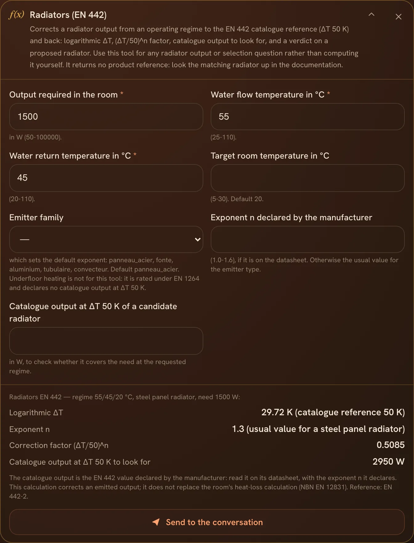The radiator calculator and the catalogue output to look for