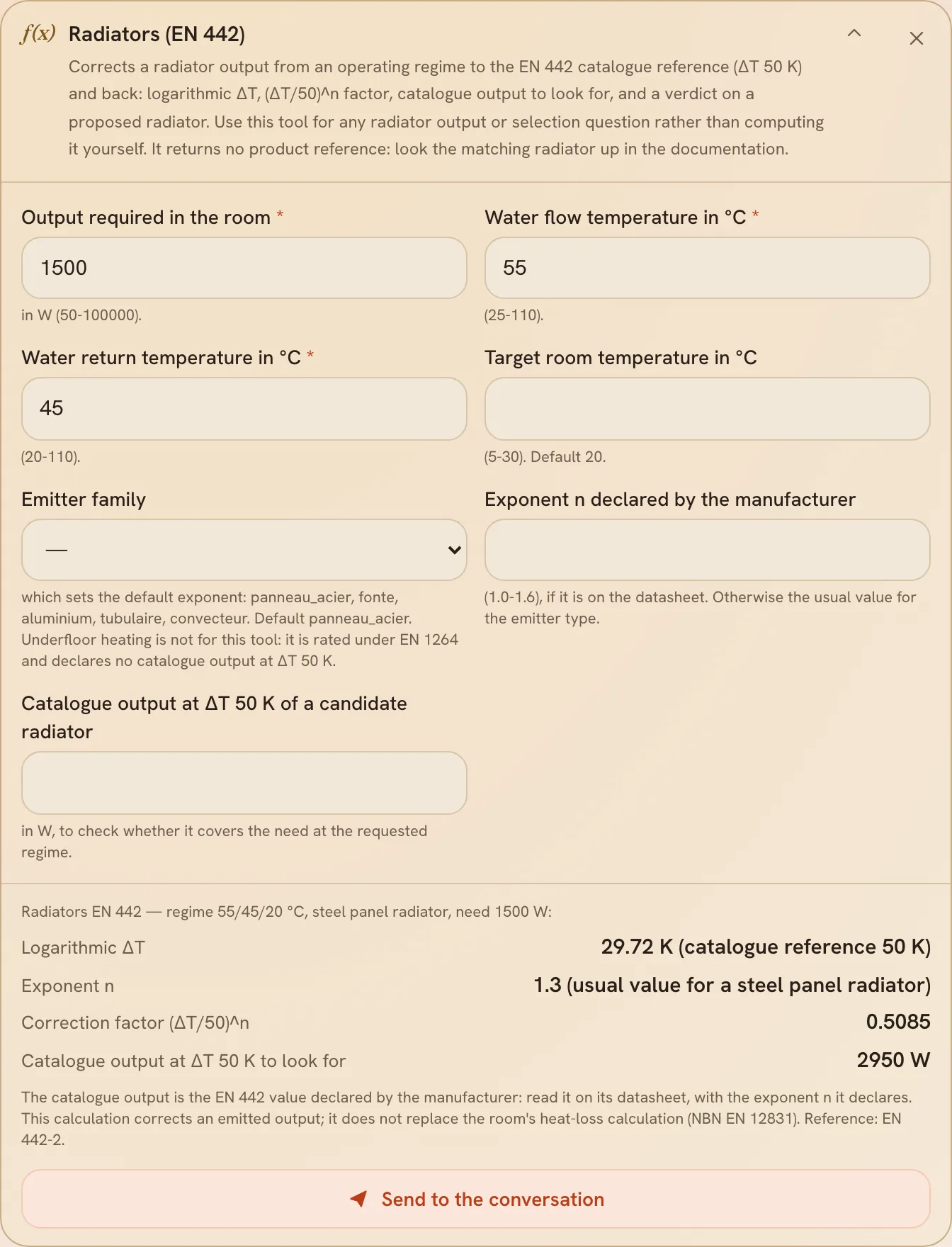 The radiator calculator and the catalogue output to look for