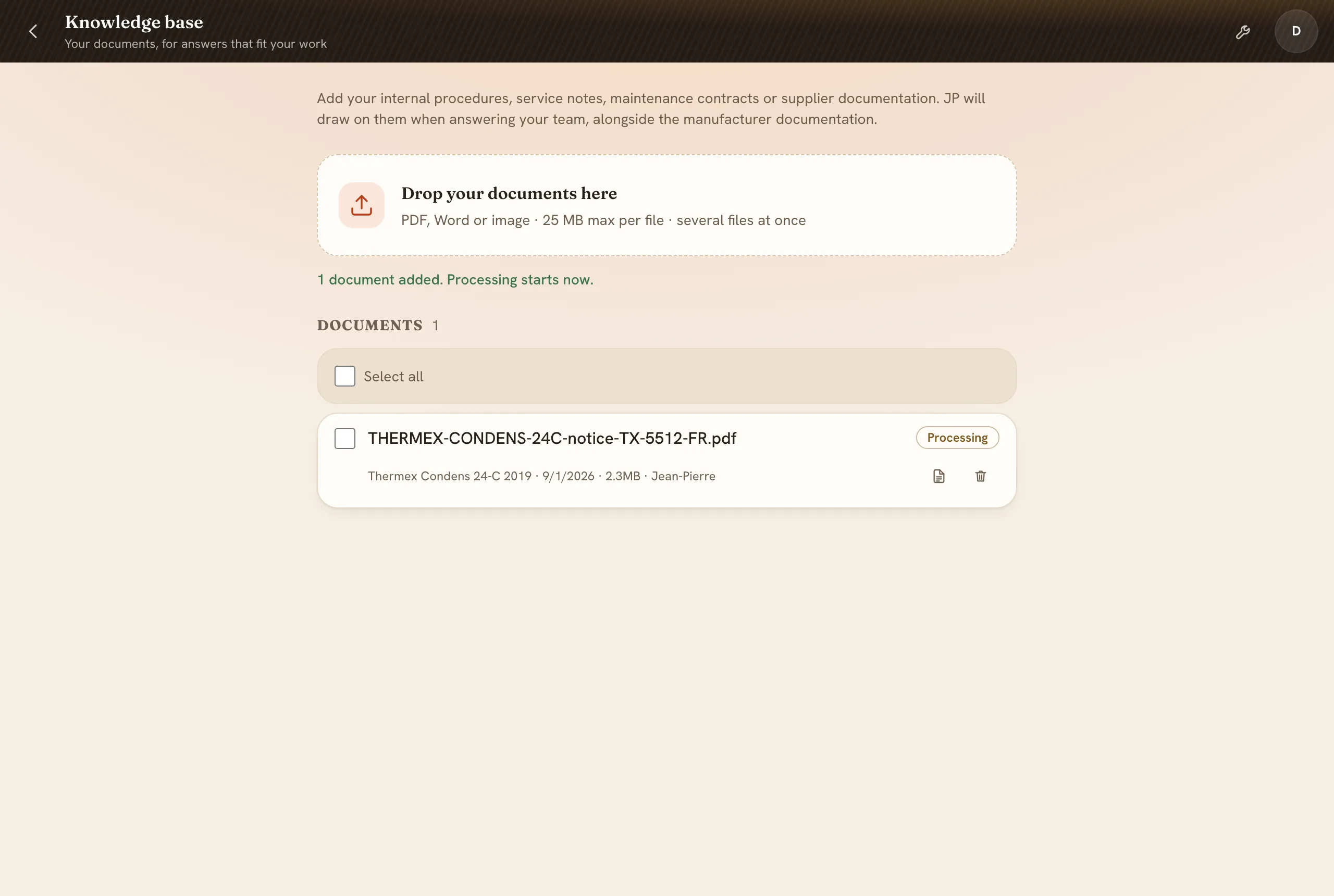 The manual in the document list, marked Processing