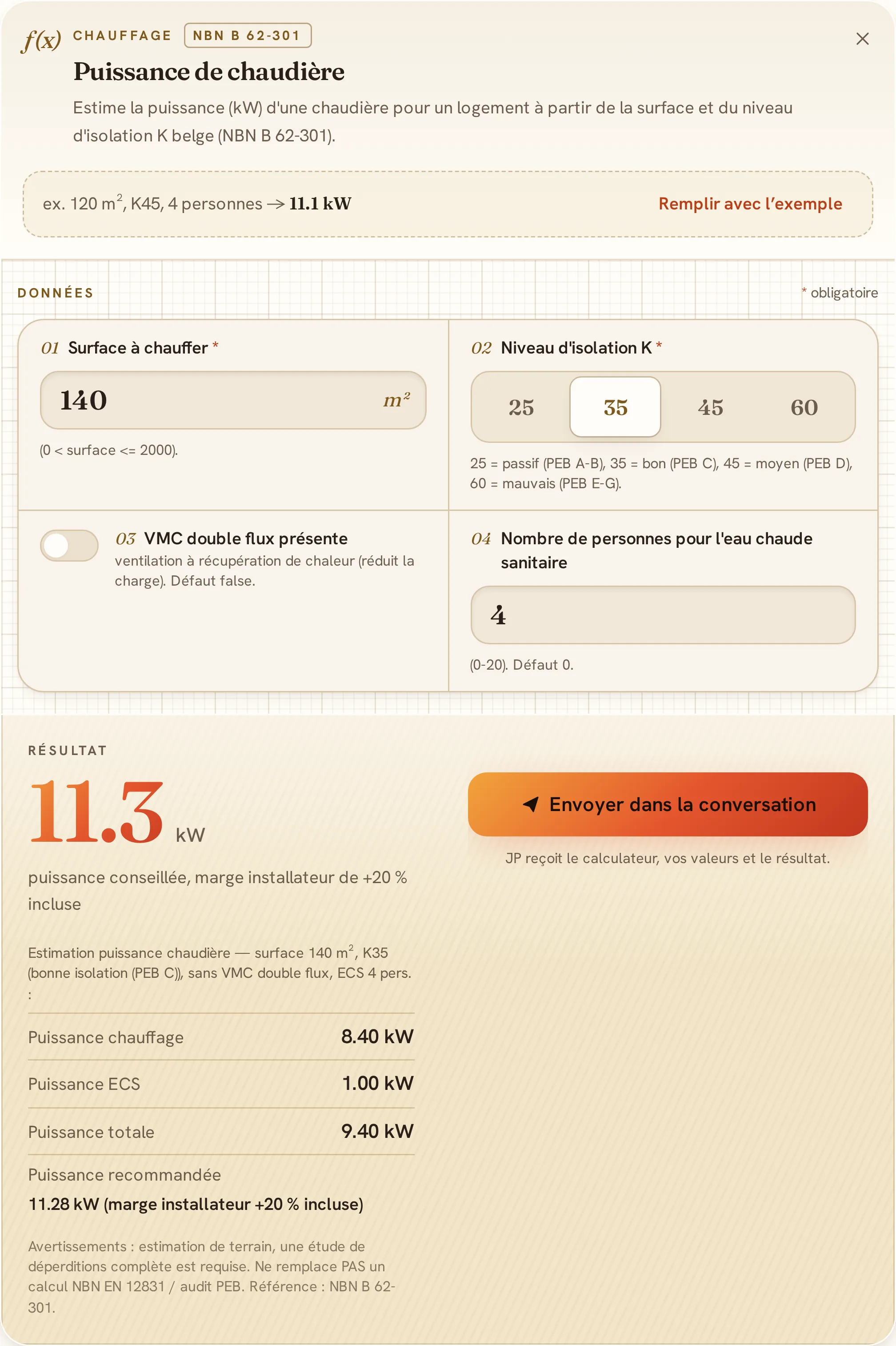 Le calculateur de puissance de chaudière, rempli, avec son résultat