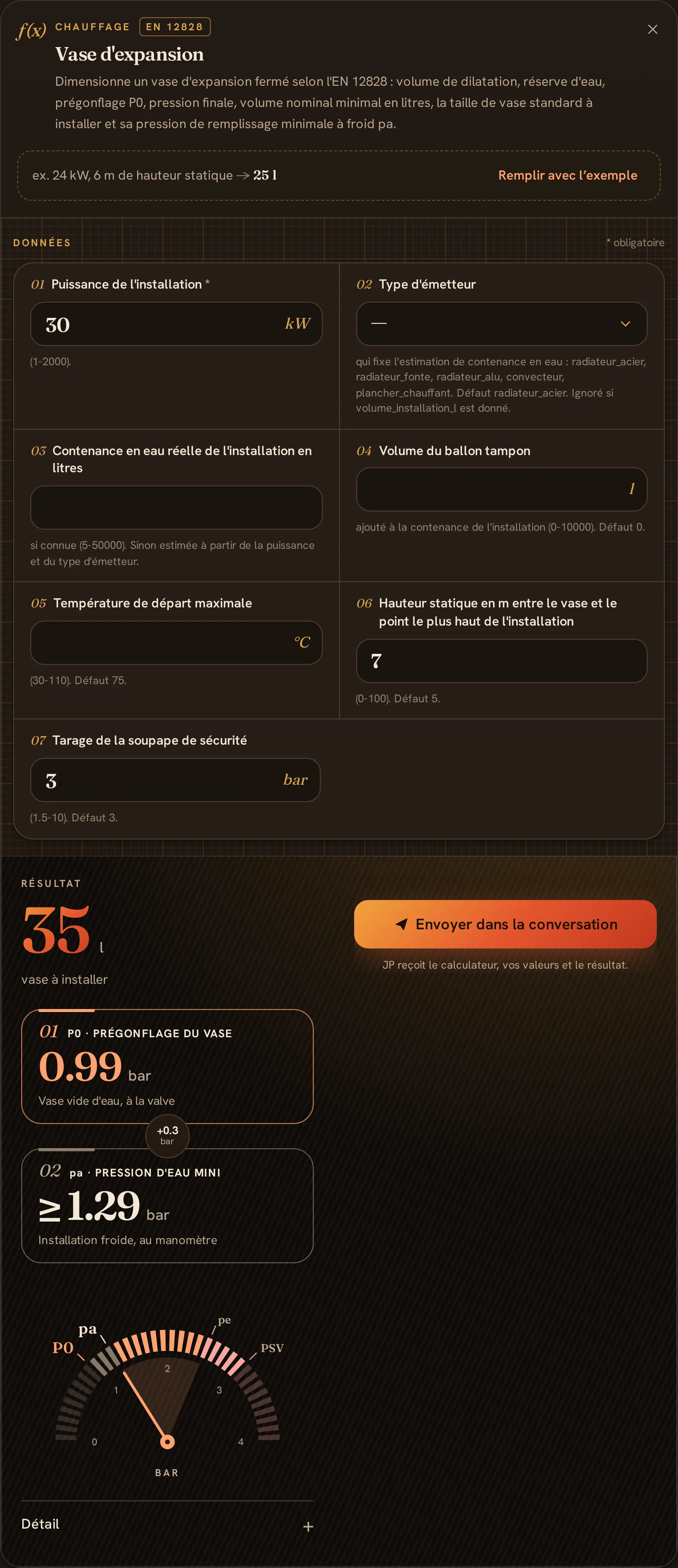Le calculateur de vase d'expansion et le vase à installer