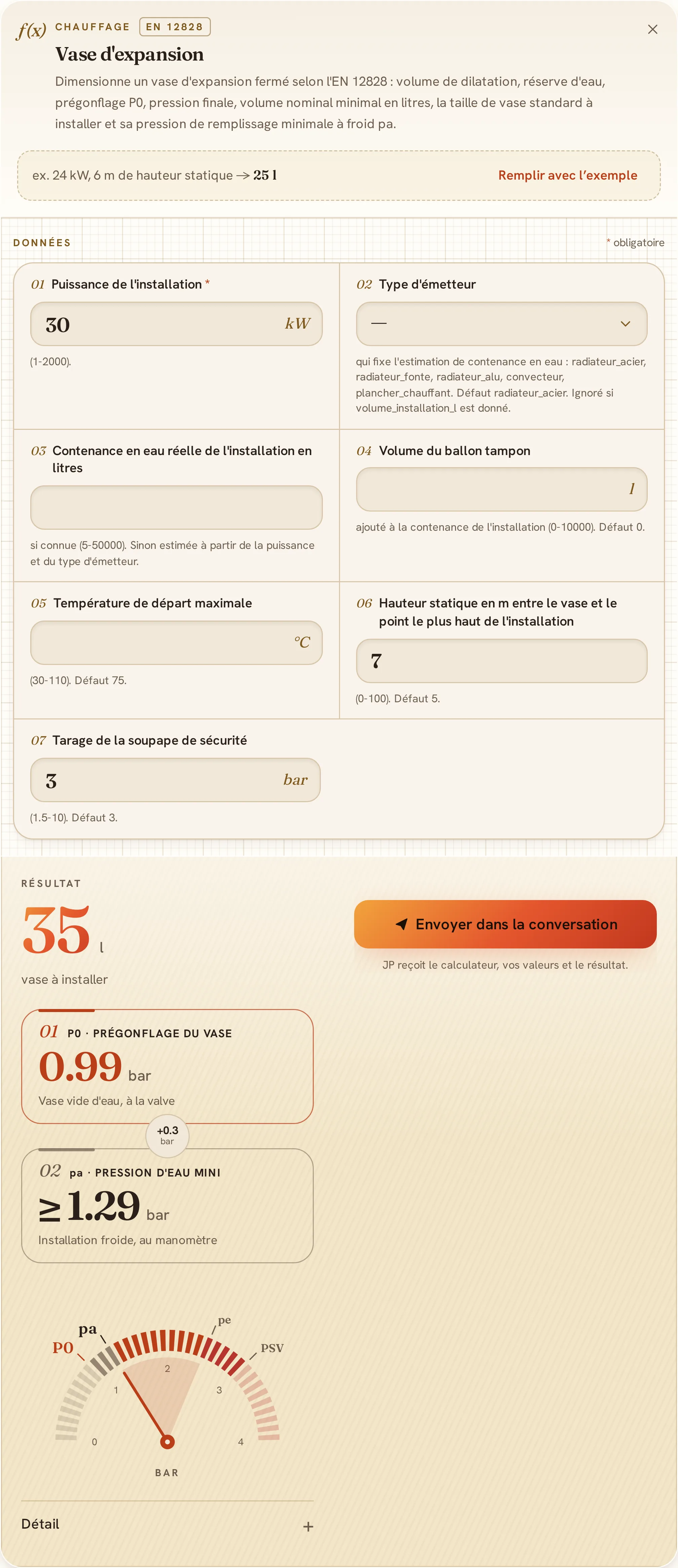 Le calculateur de vase d'expansion et le vase à installer