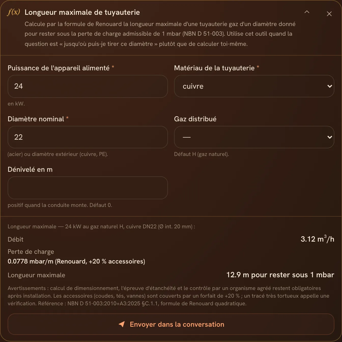 Le calculateur de longueur maximale de conduite gaz