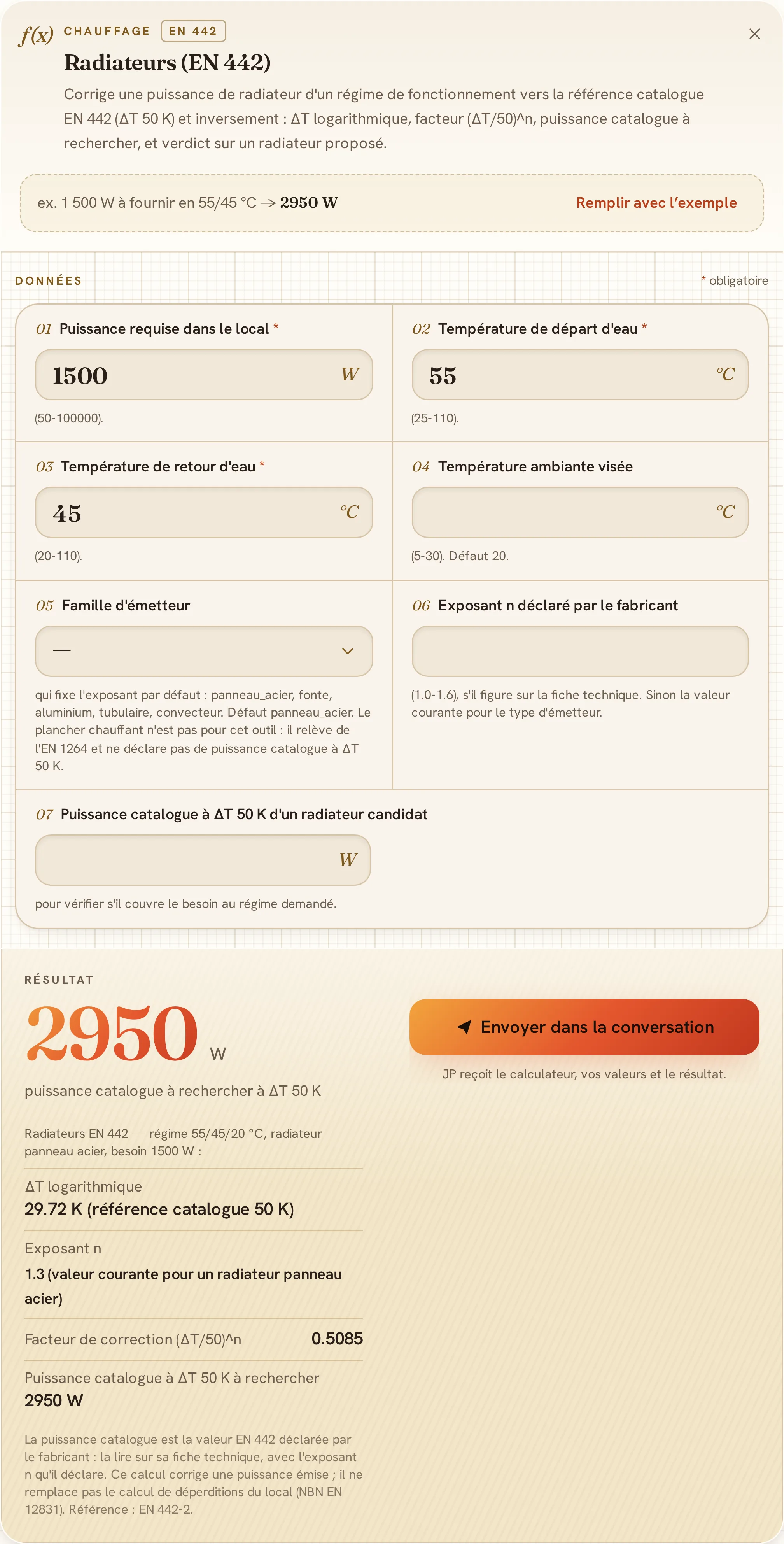 Le calculateur de radiateurs et la puissance catalogue à rechercher