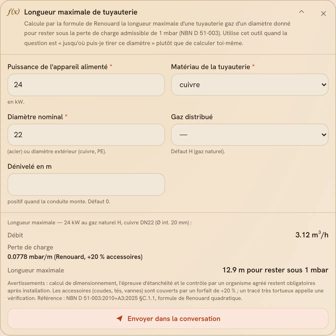 Le calculateur de longueur maximale de conduite gaz
