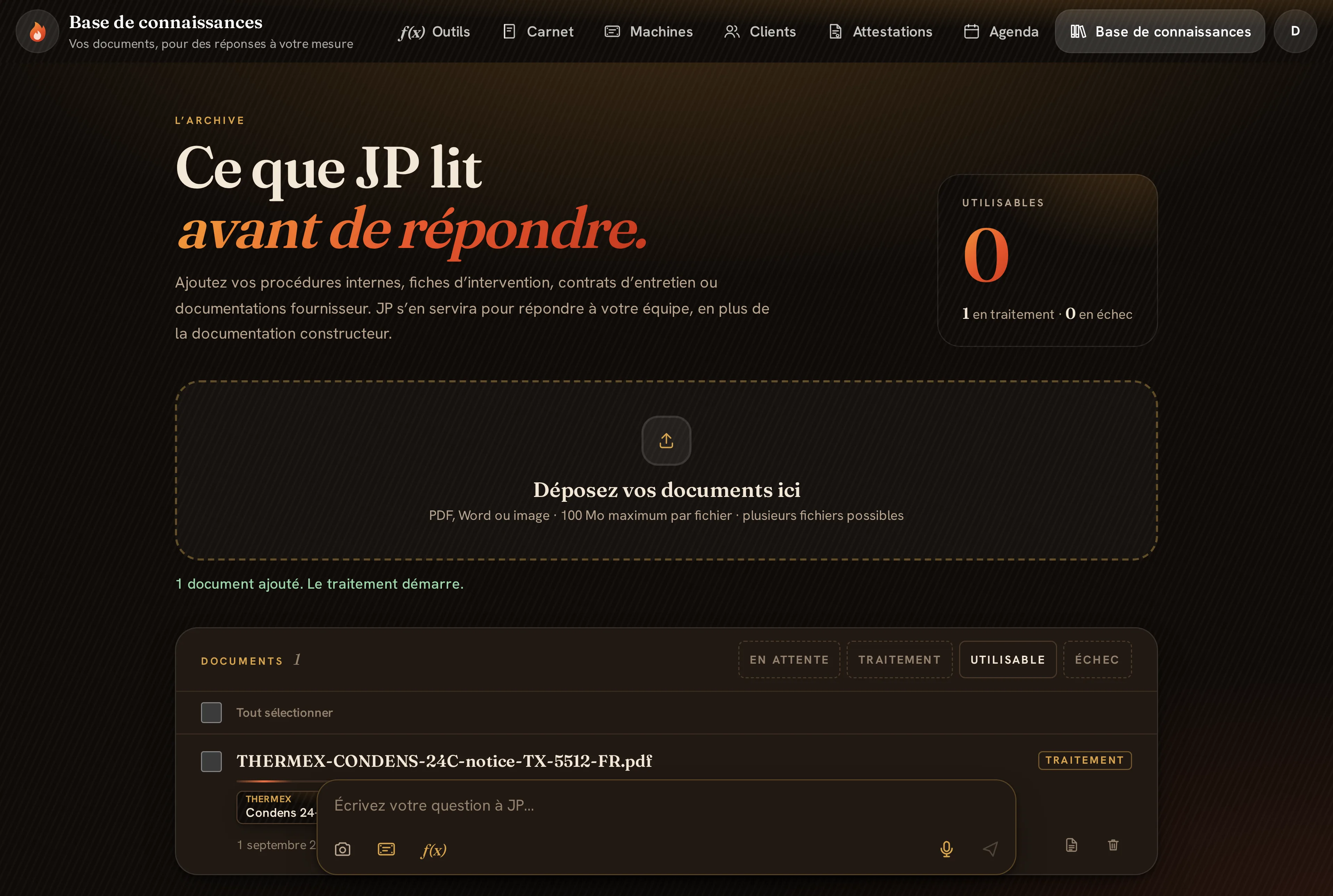 La notice dans la liste des documents, au statut Traitement