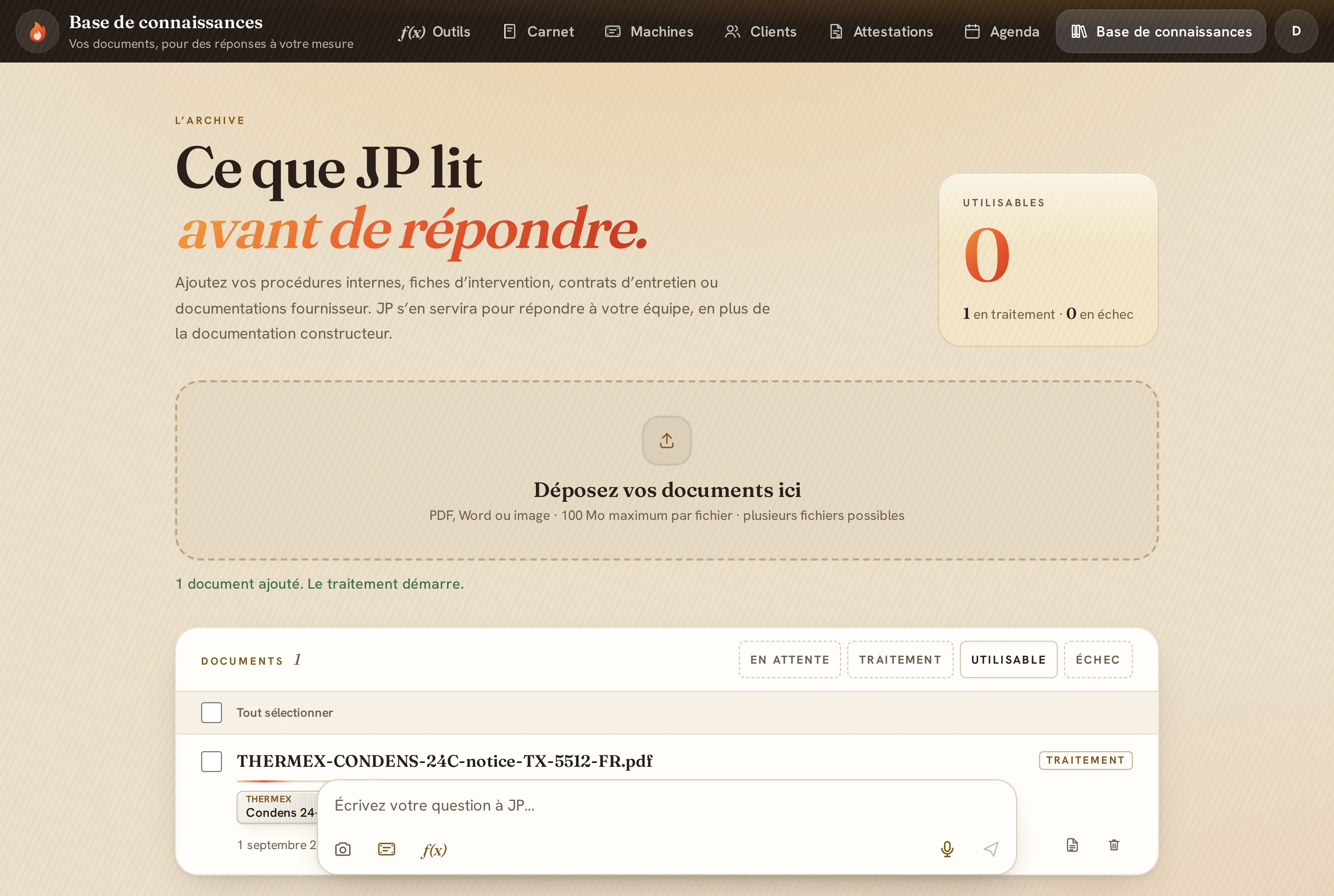 La notice dans la liste des documents, au statut Traitement