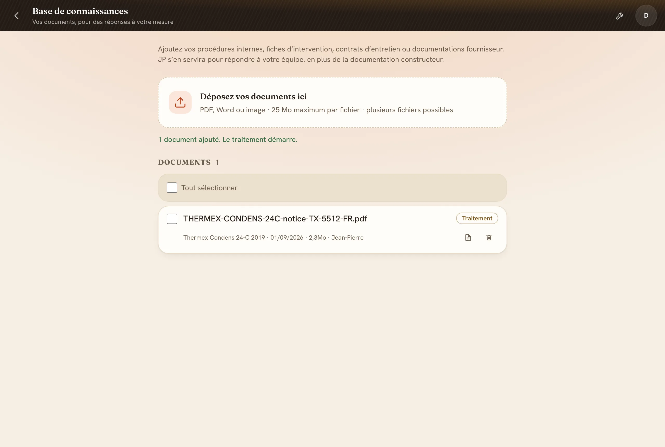 La notice dans la liste des documents, au statut Traitement
