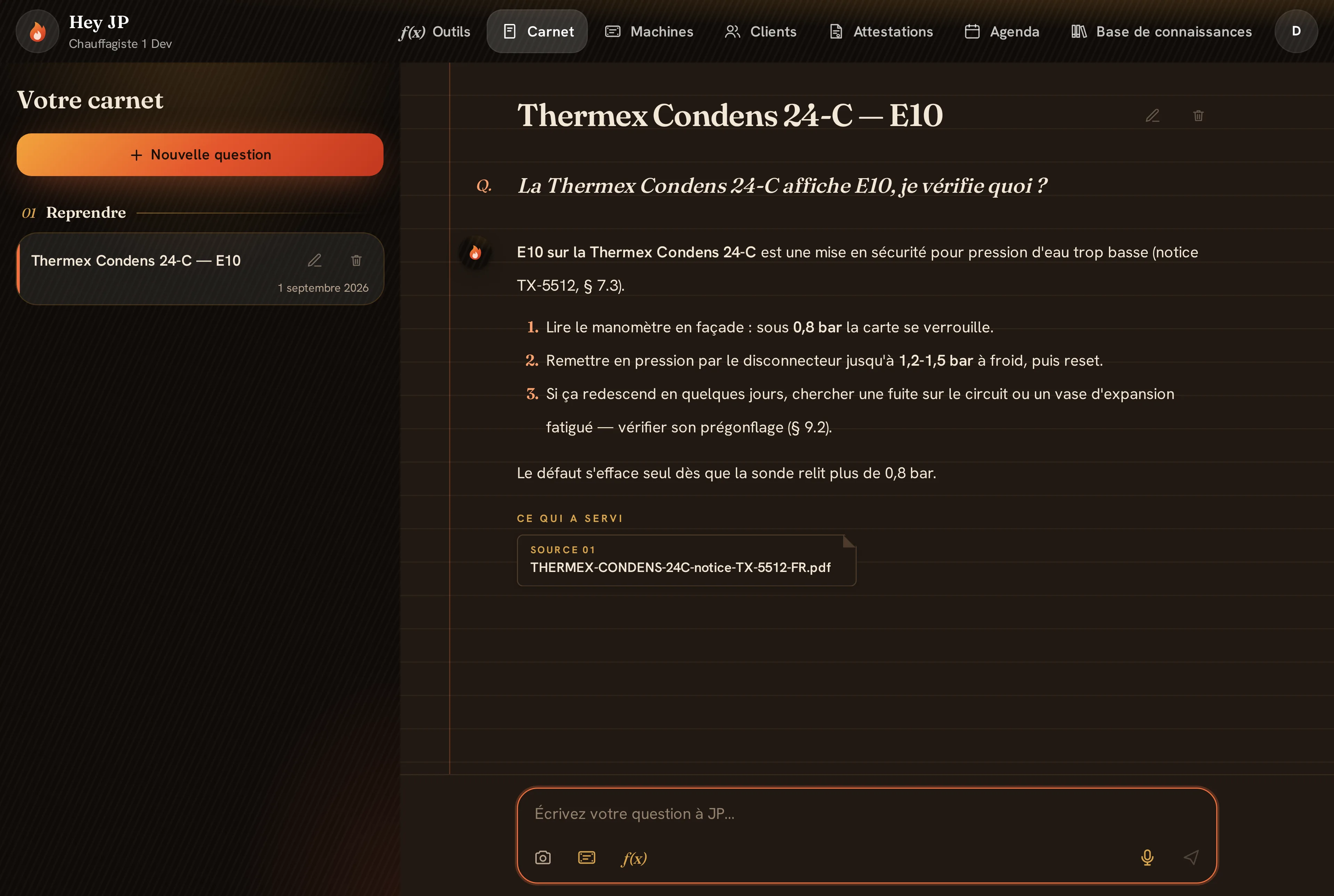 Hey JP répond sur un code défaut en citant la notice déposée