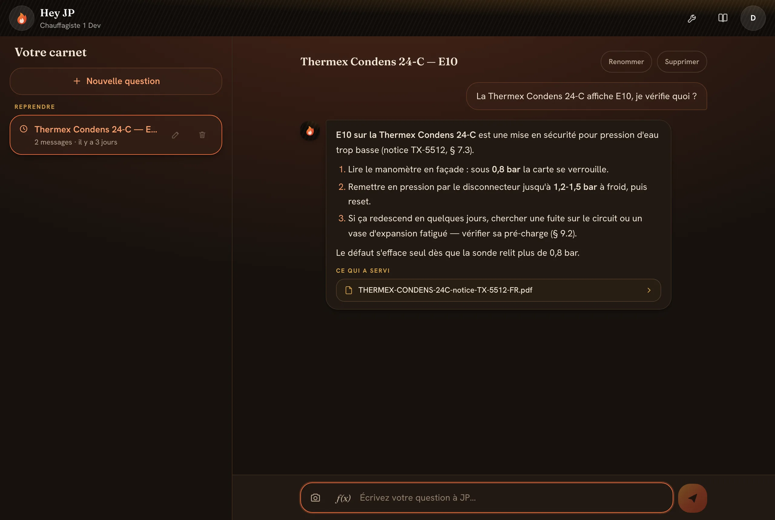 Hey JP répond sur un code défaut en citant la notice déposée