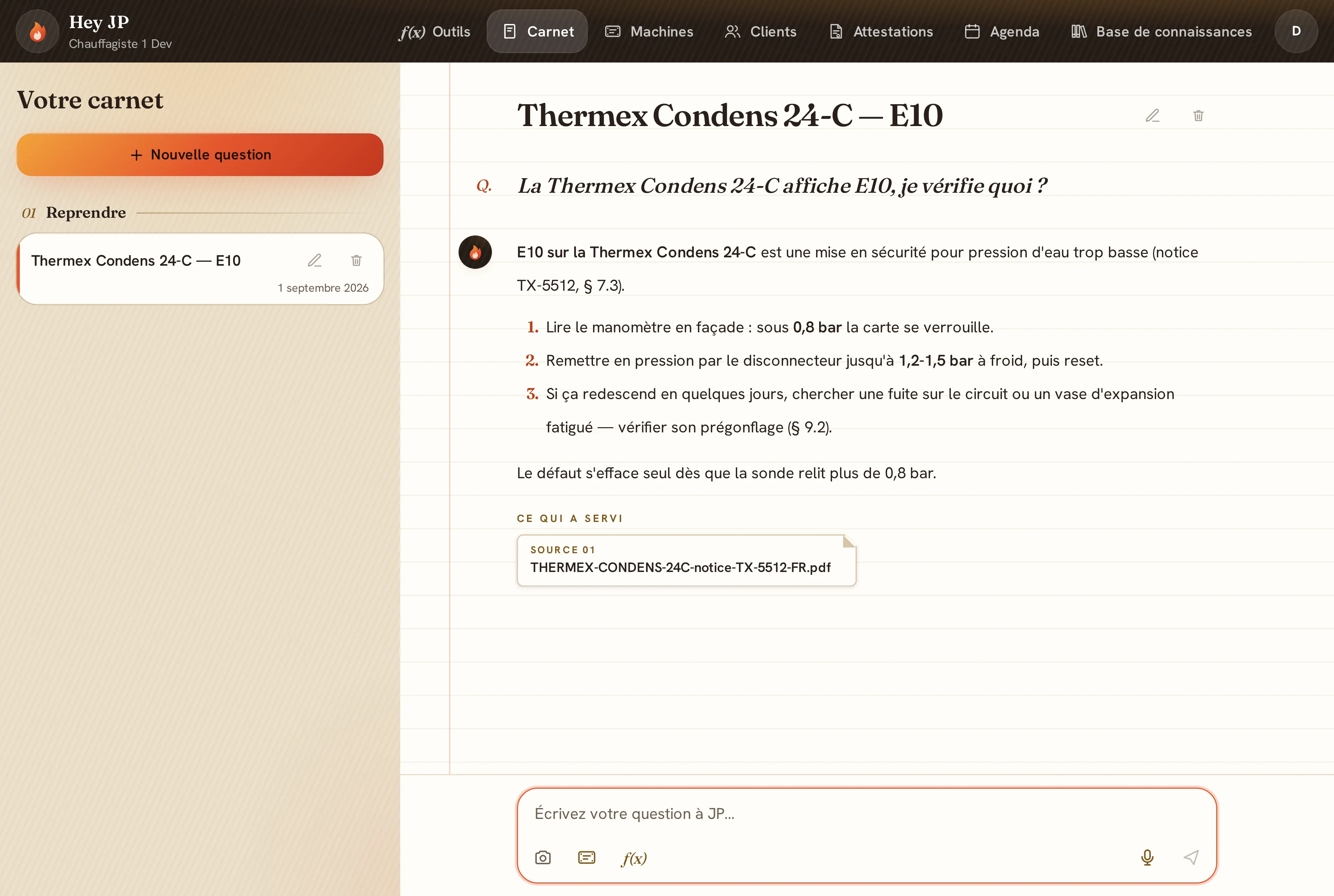 Hey JP répond sur un code défaut en citant la notice déposée