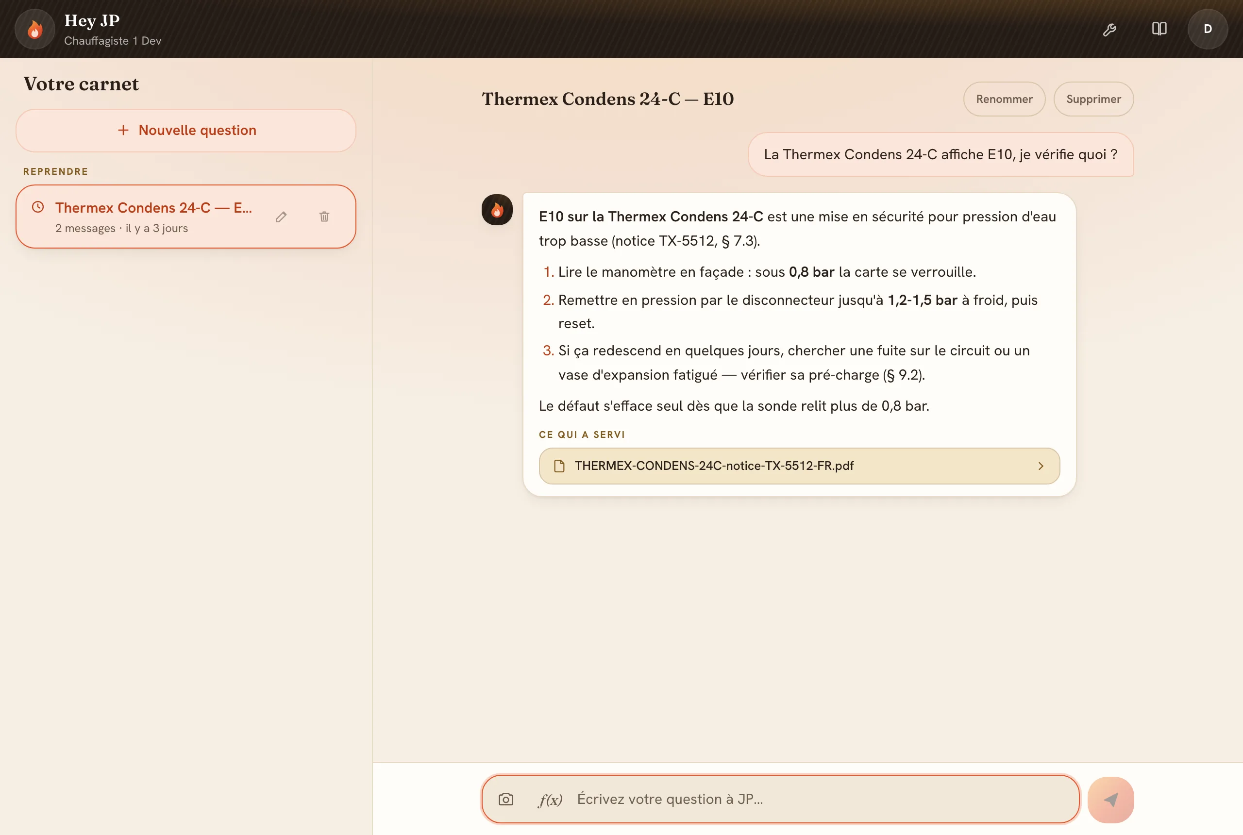 Hey JP répond sur un code défaut en citant la notice déposée