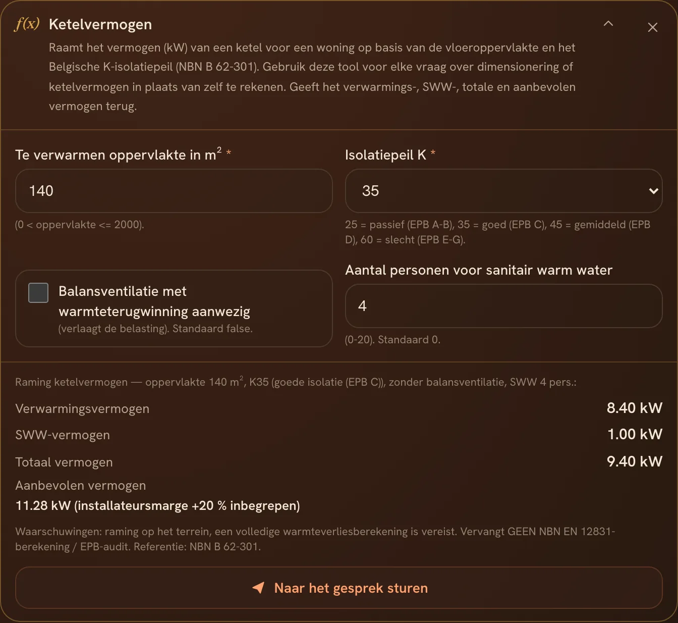 De rekenmodule ketelvermogen, ingevuld, met haar resultaat