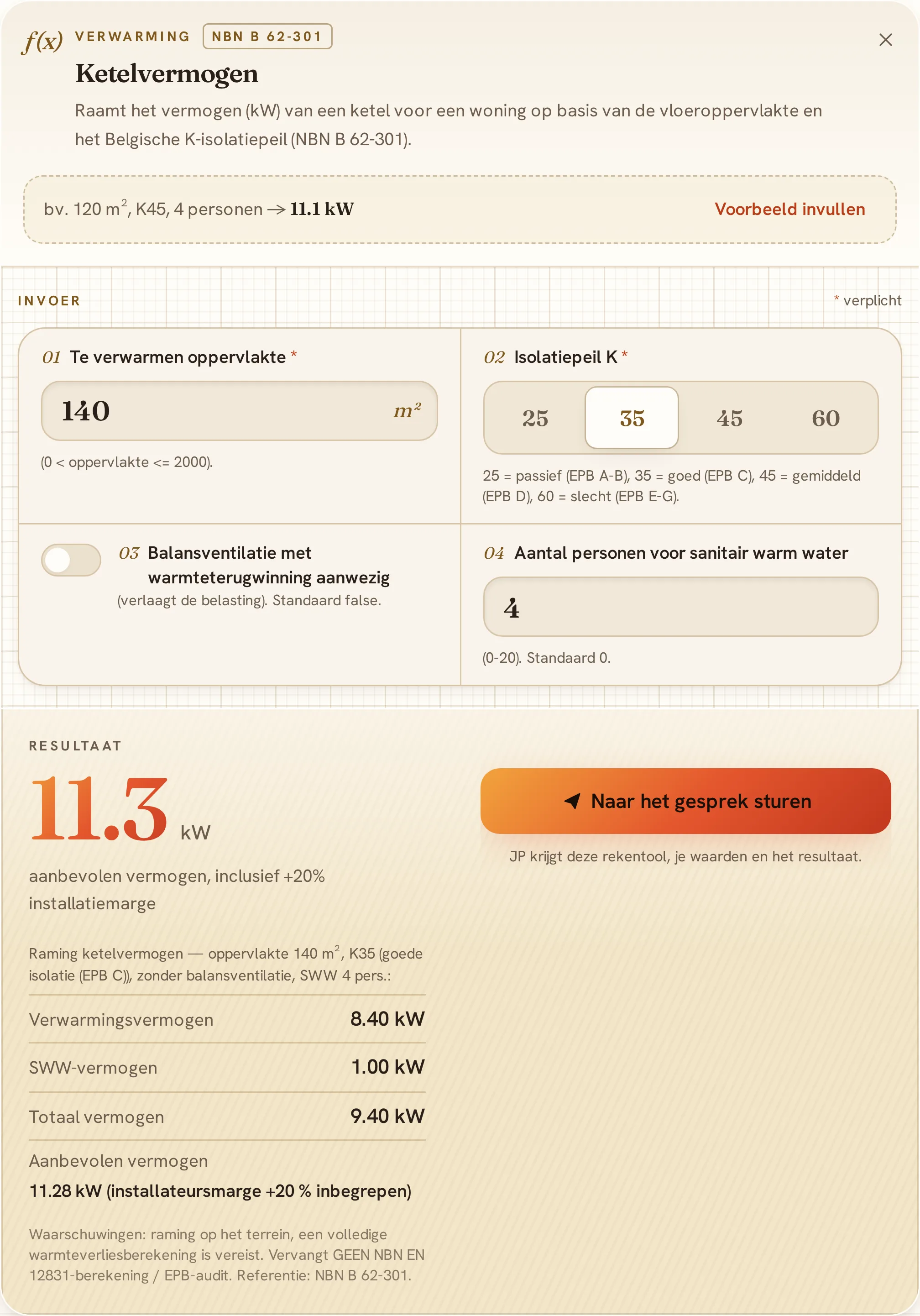 De rekenmodule ketelvermogen, ingevuld, met haar resultaat