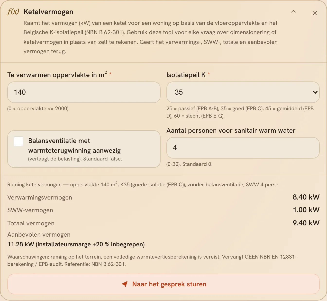 De rekenmodule ketelvermogen, ingevuld, met haar resultaat