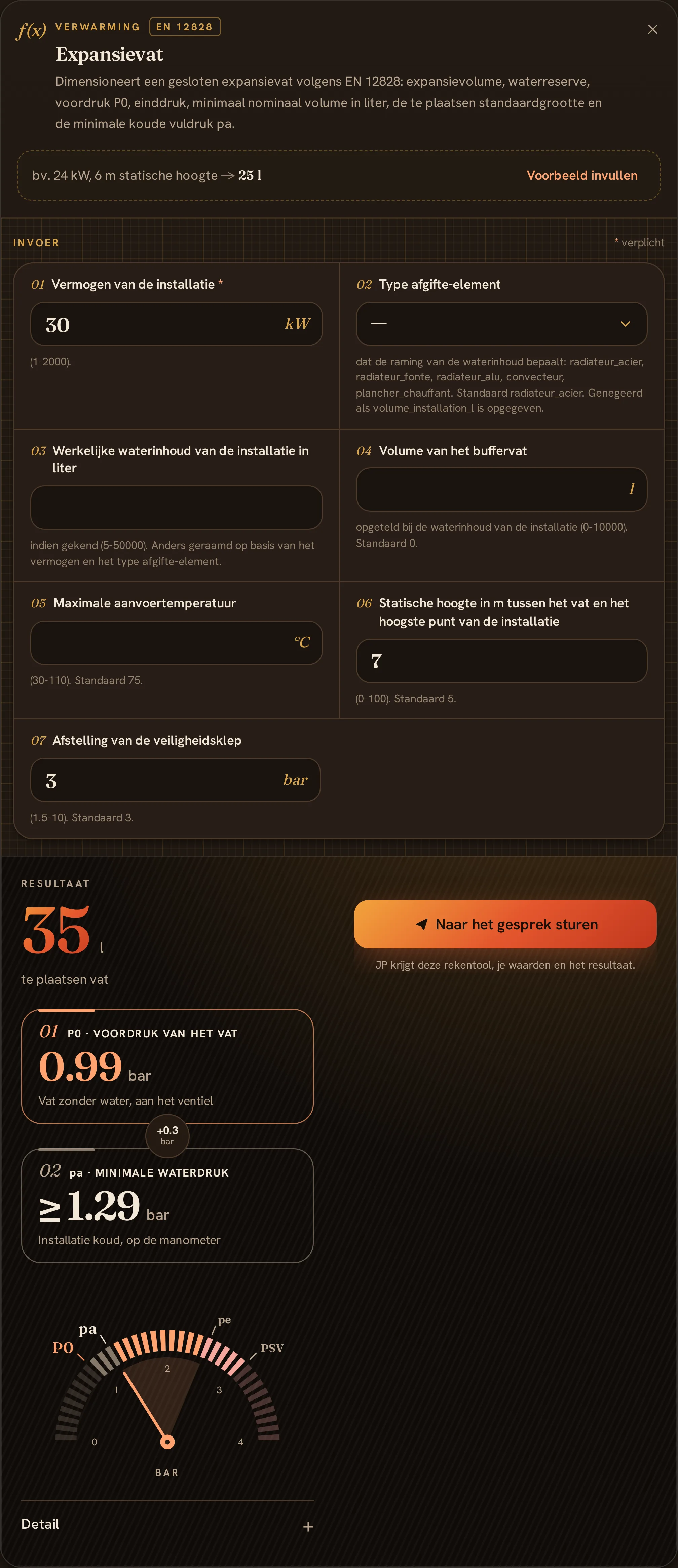 De rekenmodule expansievat en het te plaatsen vat