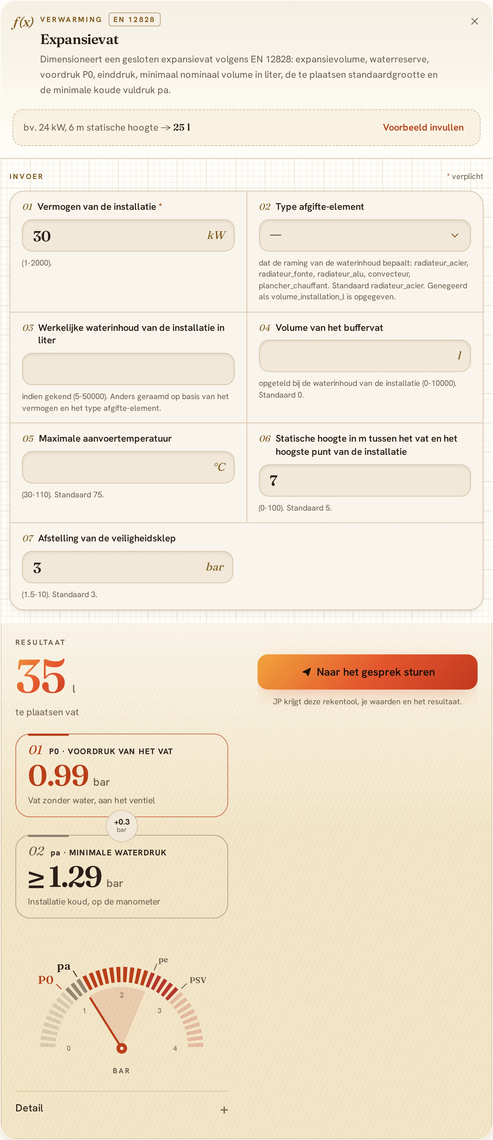 De rekenmodule expansievat en het te plaatsen vat