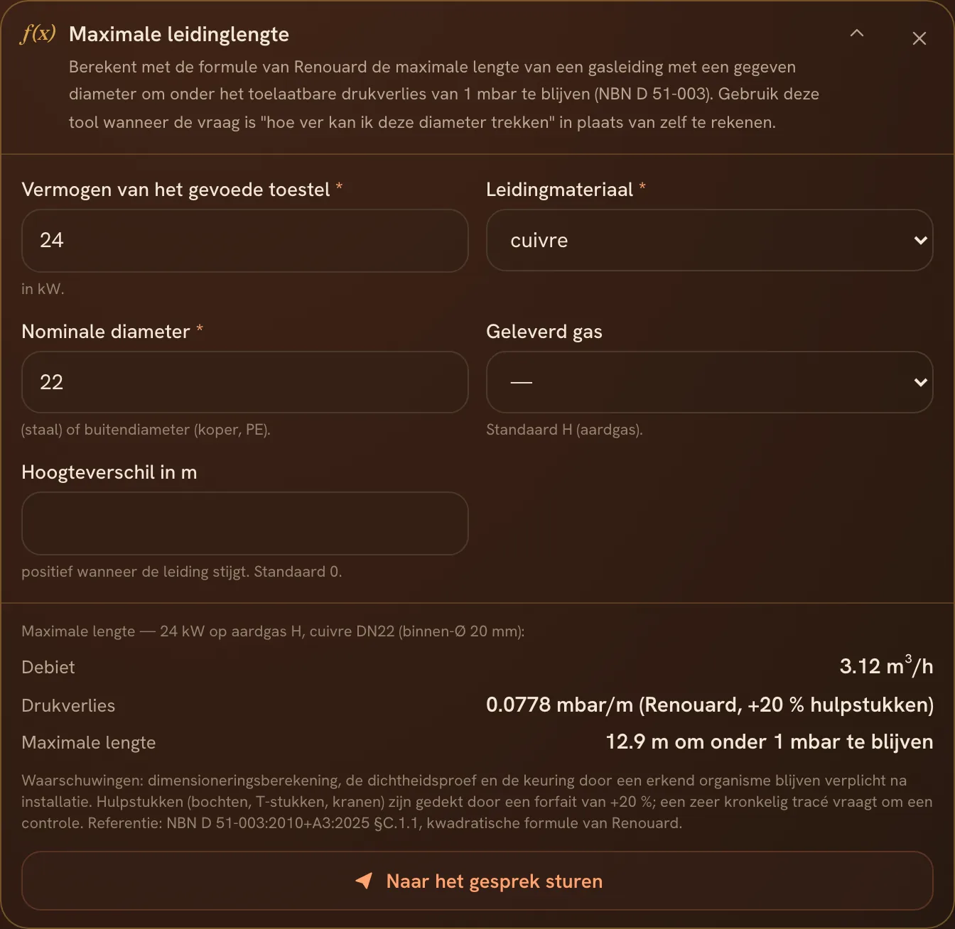 De rekenmodule maximale lengte van een gasleiding