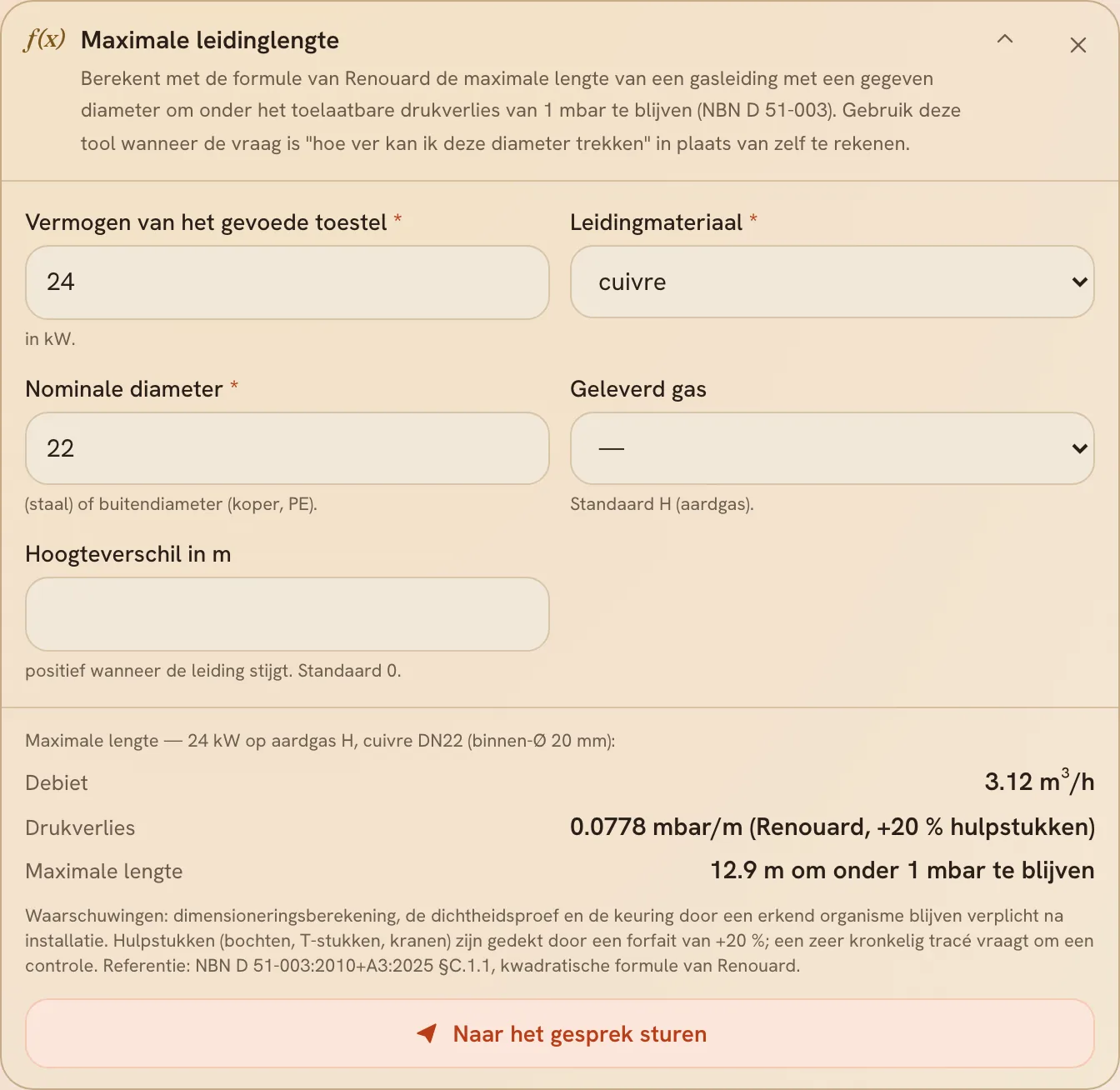 De rekenmodule maximale lengte van een gasleiding