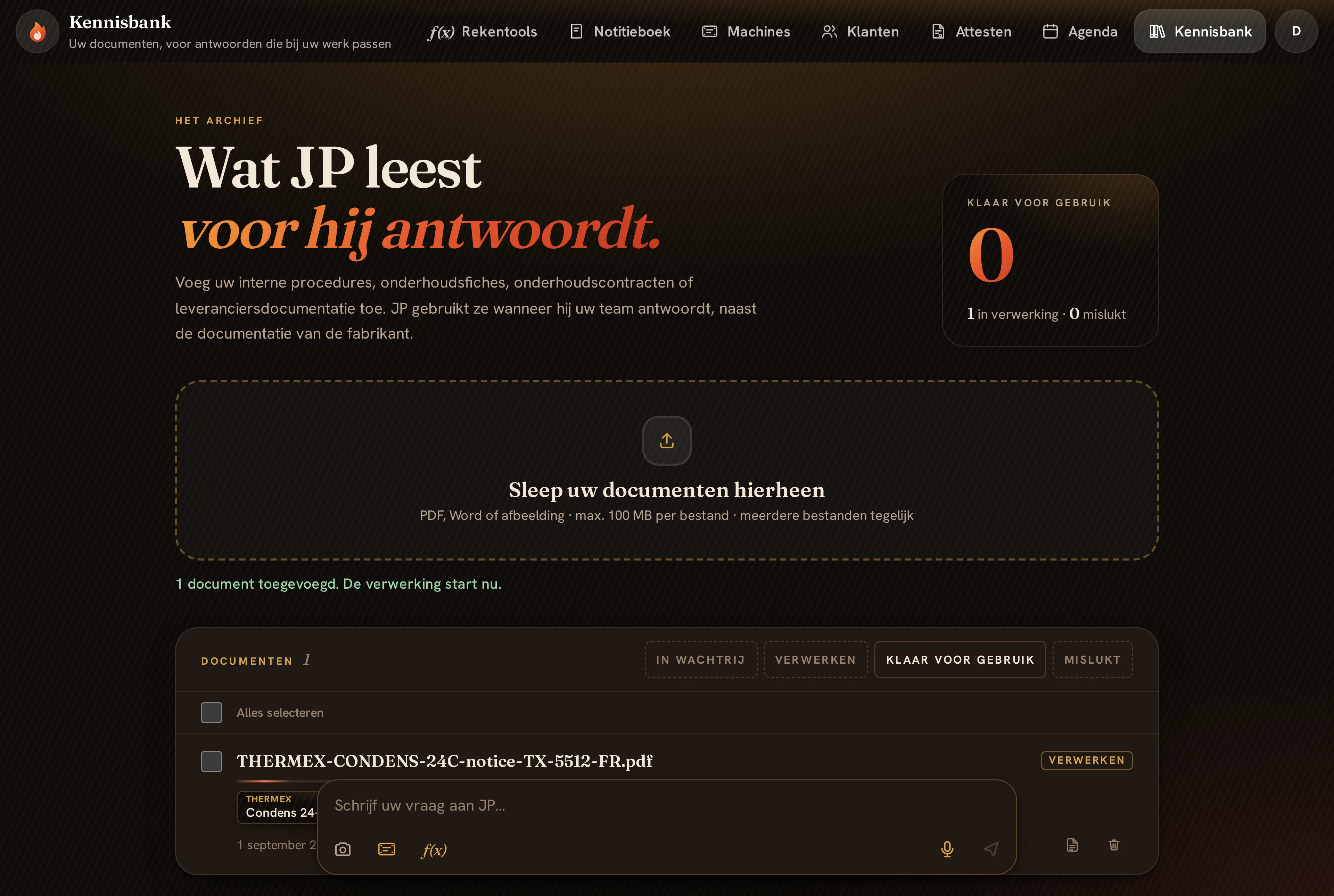 De handleiding in de documentenlijst, met status Verwerking