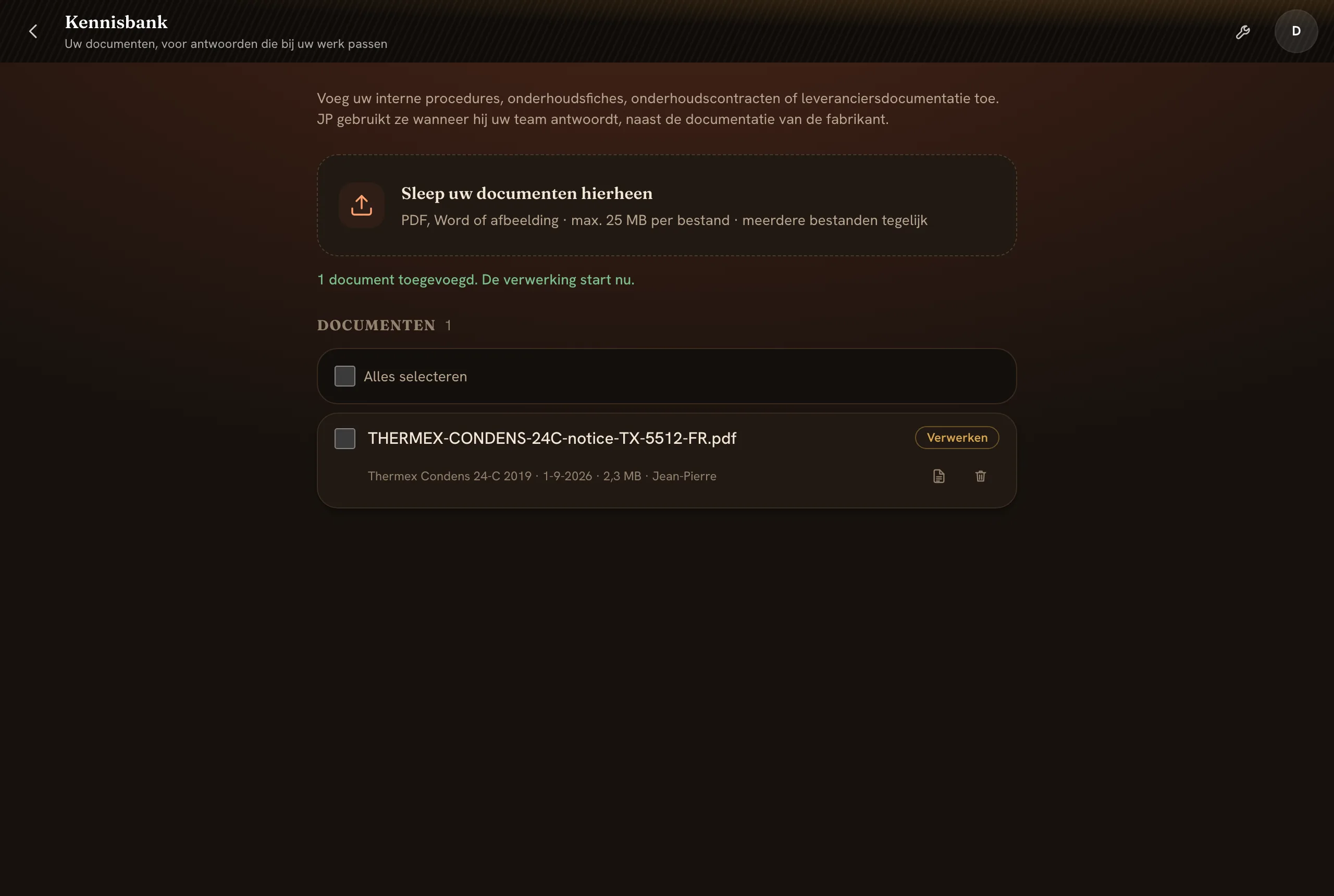 De handleiding in de documentenlijst, met status Verwerking