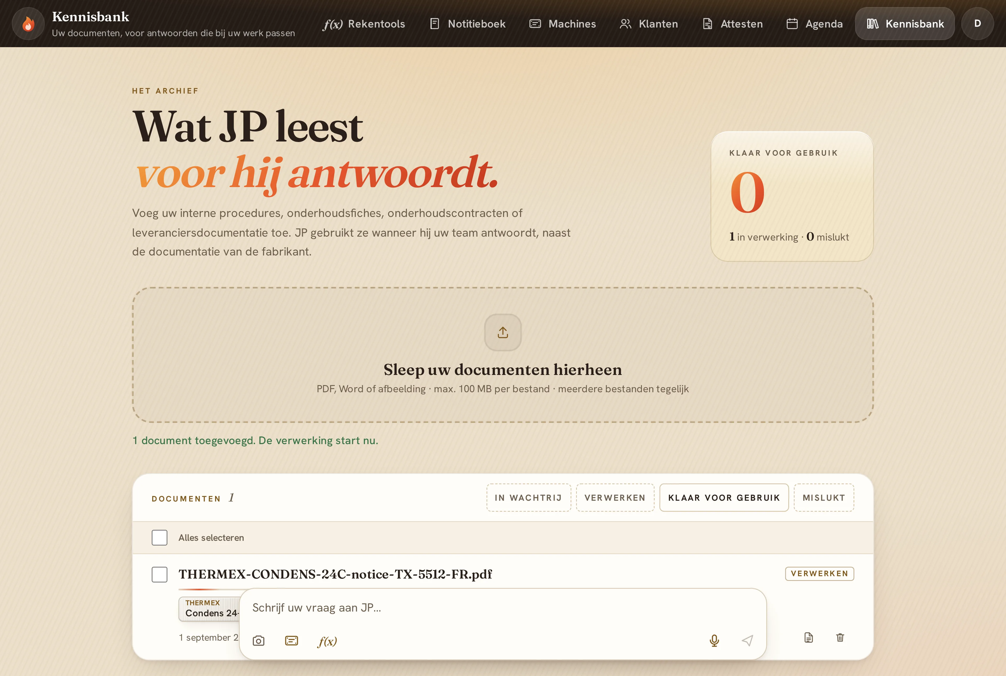 De handleiding in de documentenlijst, met status Verwerking