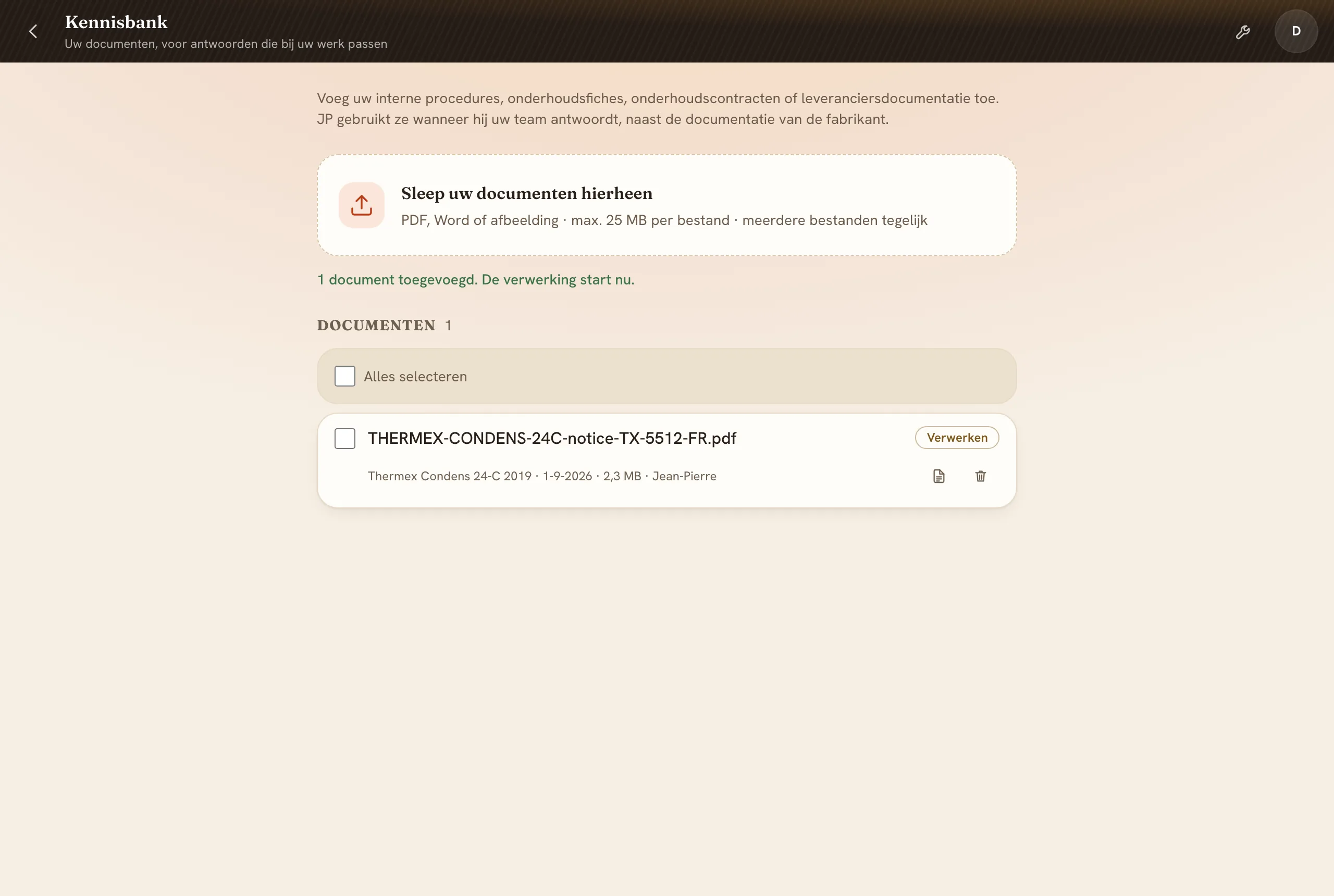 De handleiding in de documentenlijst, met status Verwerking